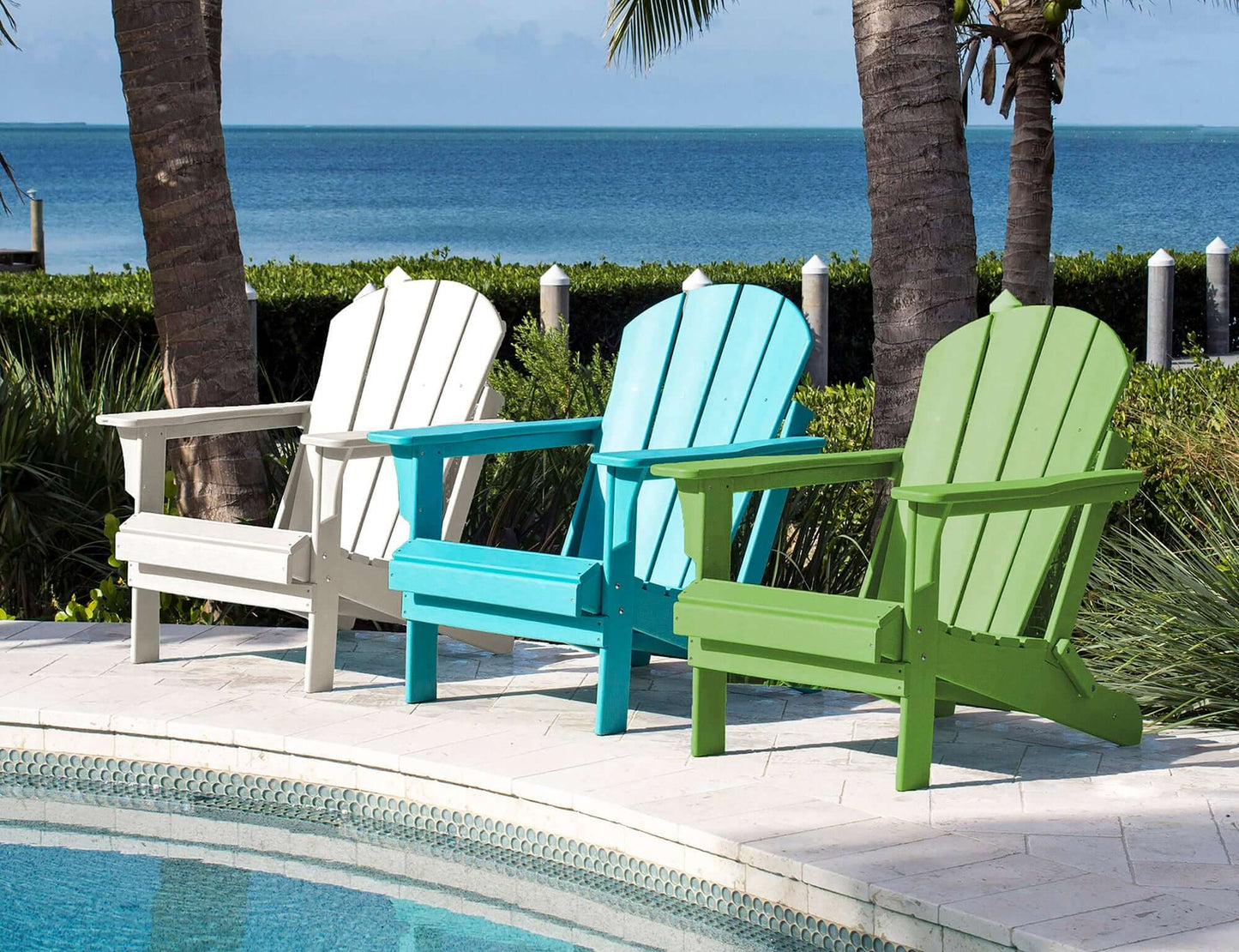 Panama Jack weather-resistant Poly-resin folding Adirondack chair with stainless steel hardware.