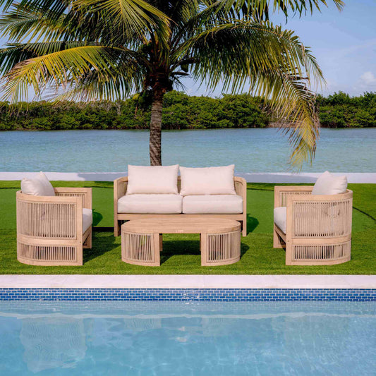 Panama Jack 4-piece outdoor loveseat seating set made with Acacia wood for a natural wood finish with outdoor cushions