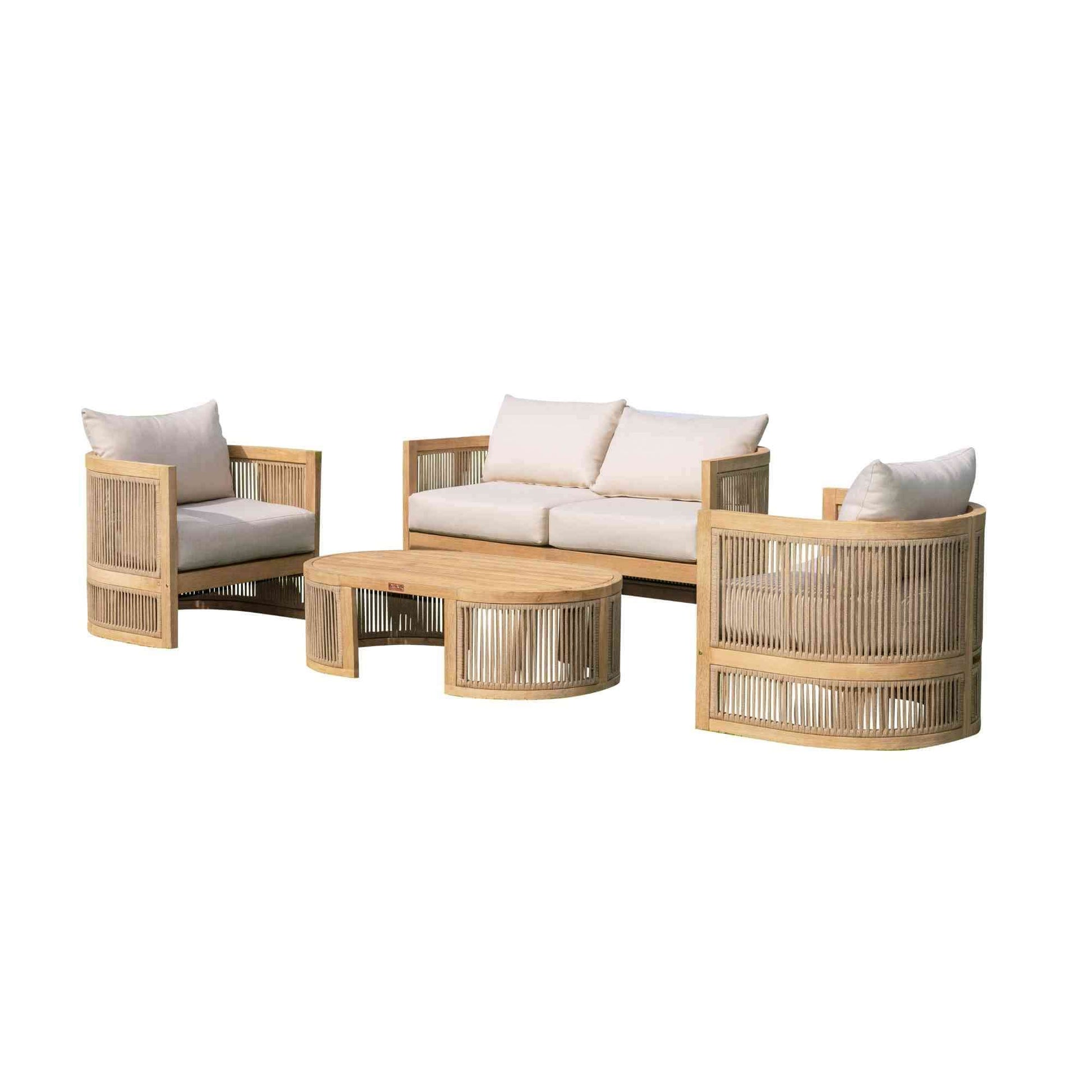 Panama Jack 4-piece outdoor loveseat seating set made with Acacia wood for a natural wood finish with outdoor cushions