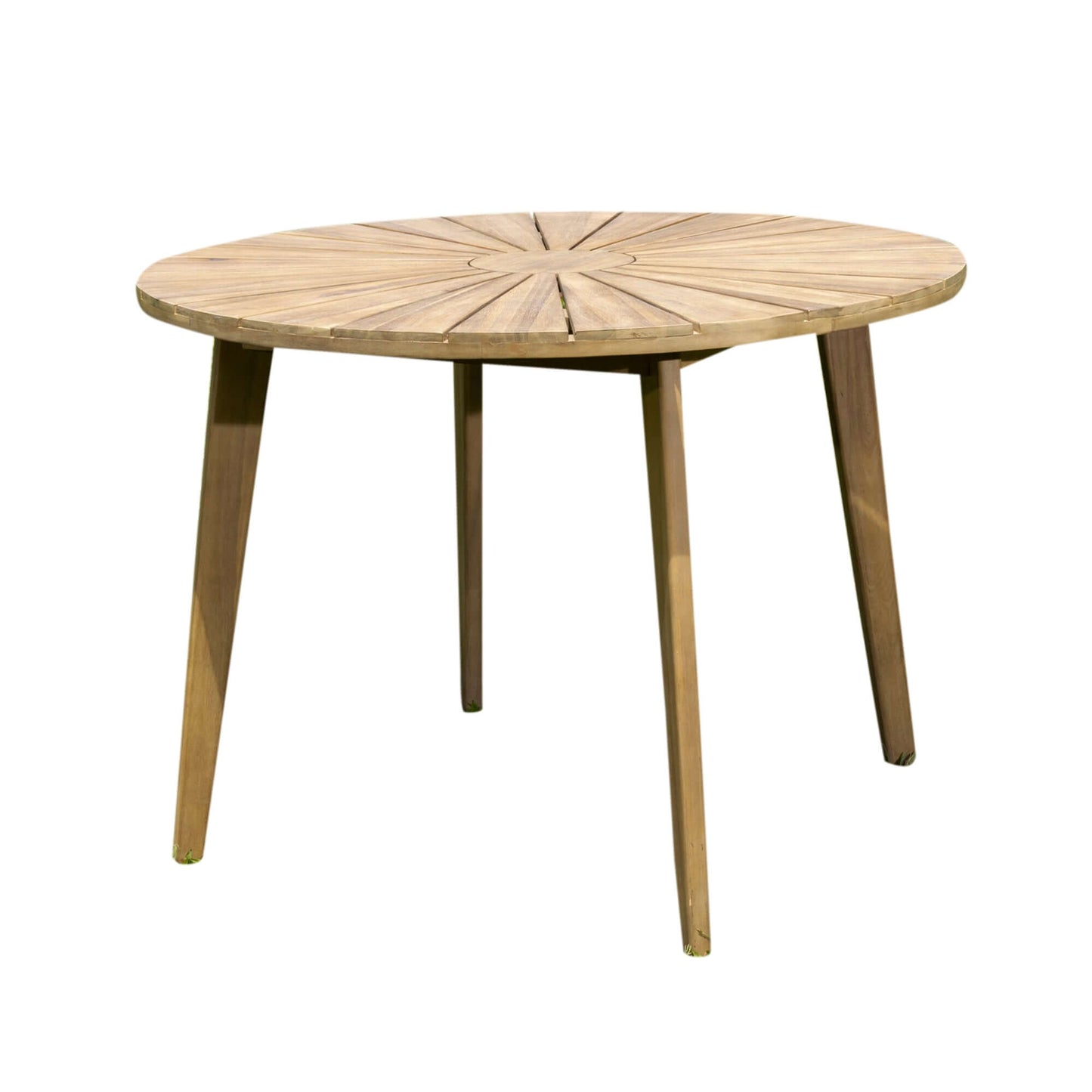 Panama Jack round outdoor dining table made with Acacia wood for a natural wood finish