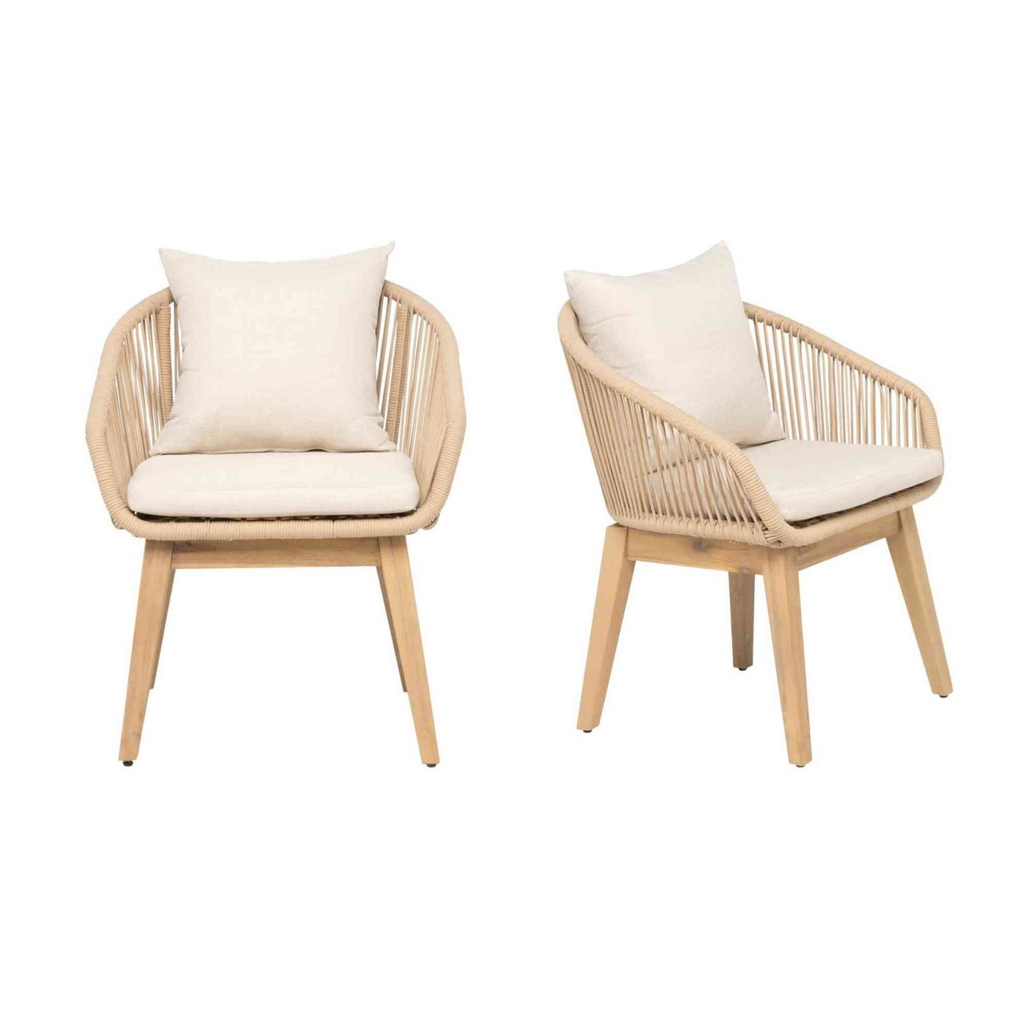 Panama Jack outdoor dining armchairs made with Acacia wood for a natural wood finish with cushions set of 2