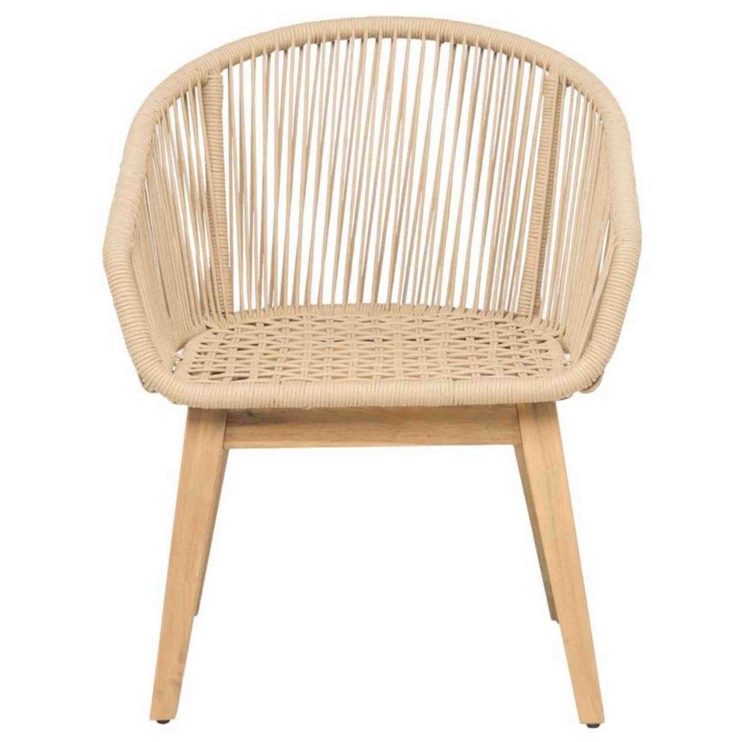 Panama Jack outdoor dining armchair made with Acacia wood for a natural wood finish standard with beige cushion