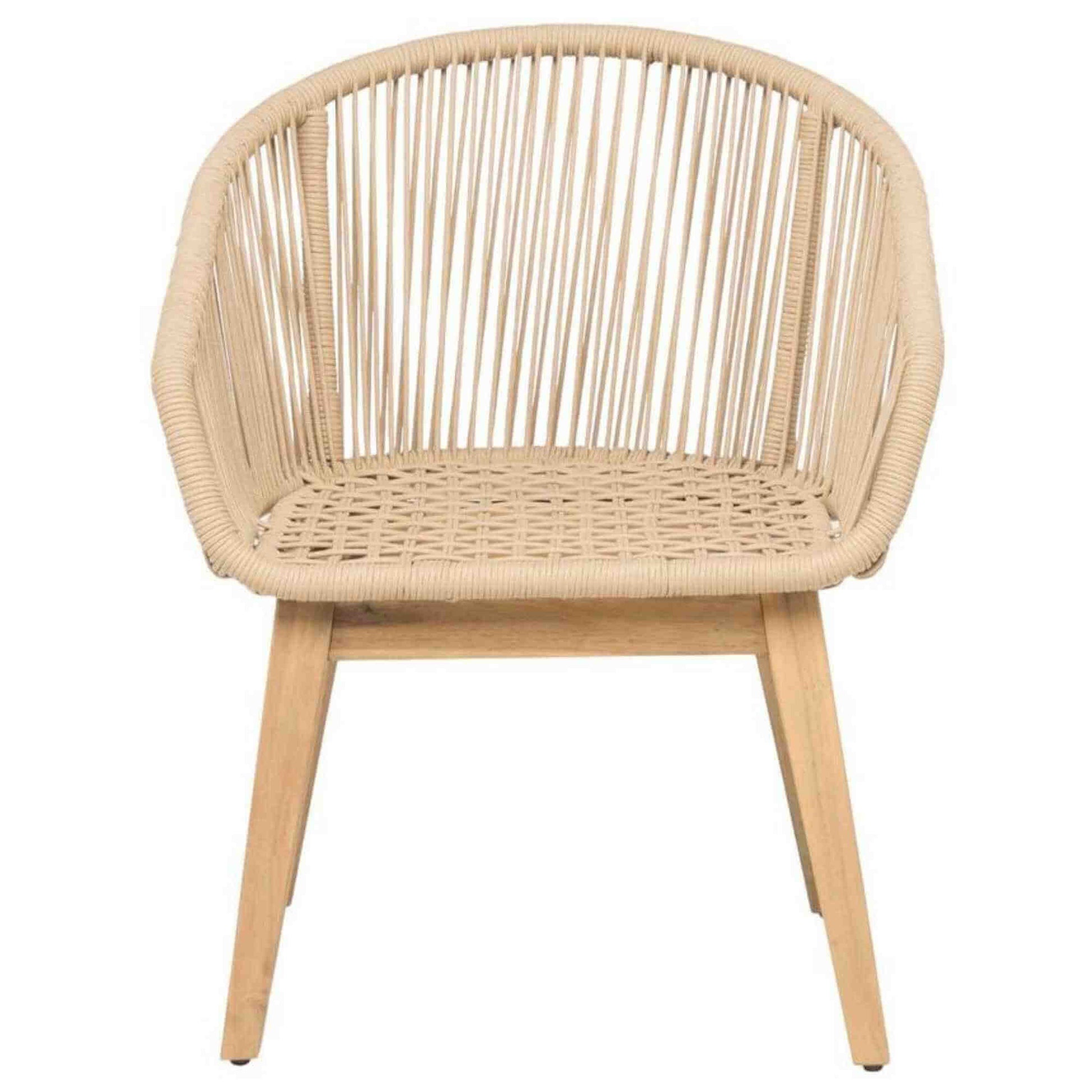 Panama Jack outdoor dining armchair made with Acacia wood for a natural wood finish standard with beige cushion