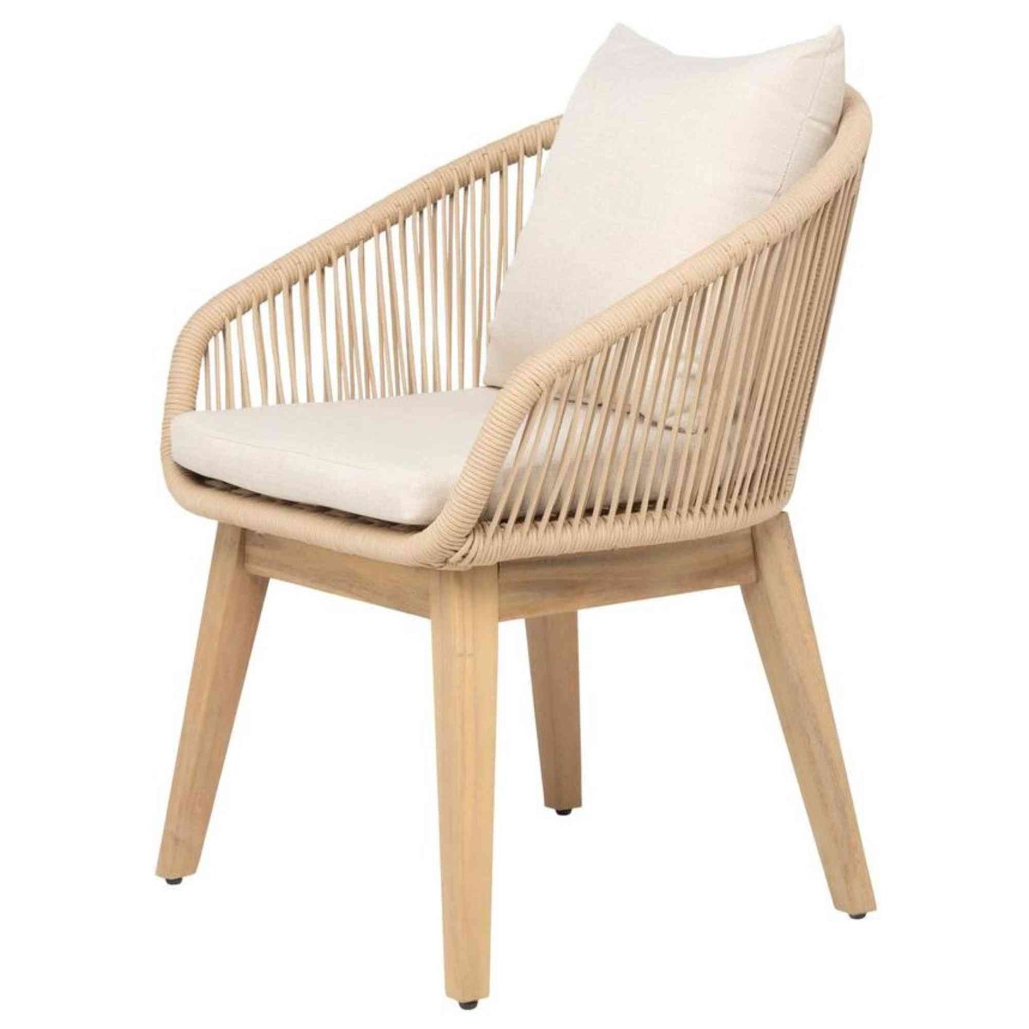Panama Jack outdoor dining armchair made with Acacia wood for a natural wood finish standard with beige cushion
