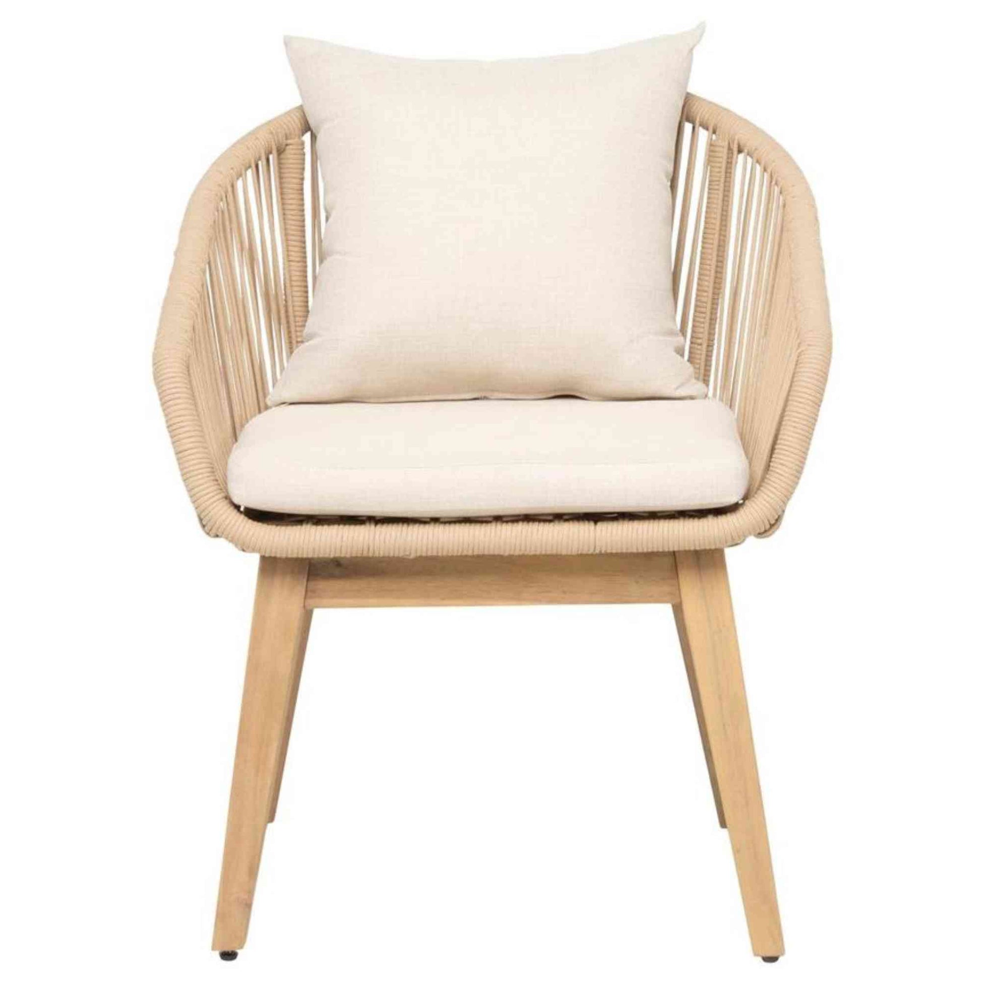 Panama Jack outdoor dining armchair made with Acacia wood for a natural wood finish standard with beige cushion