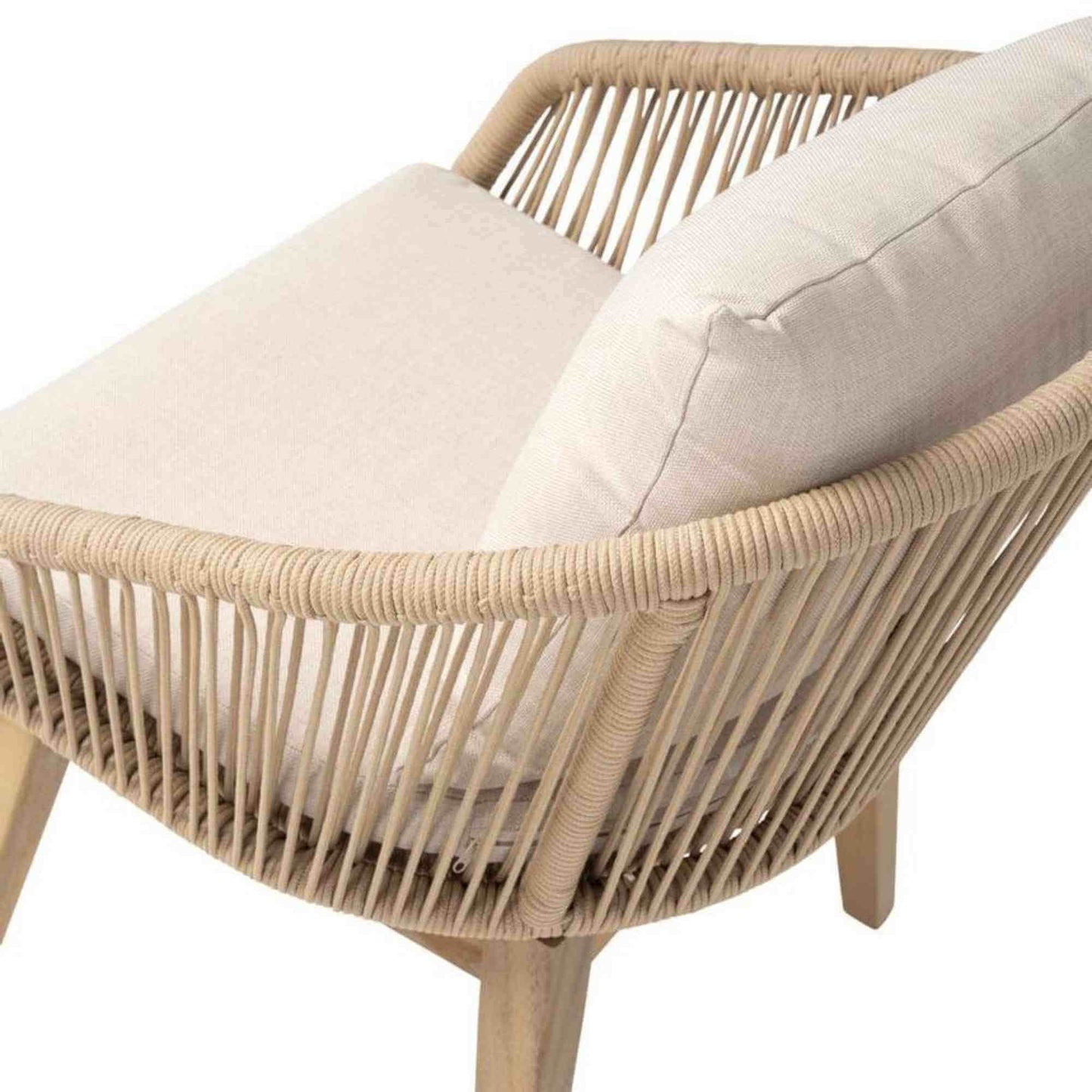 Panama Jack outdoor dining armchair made with Acacia wood for a natural wood finish standard with beige cushion