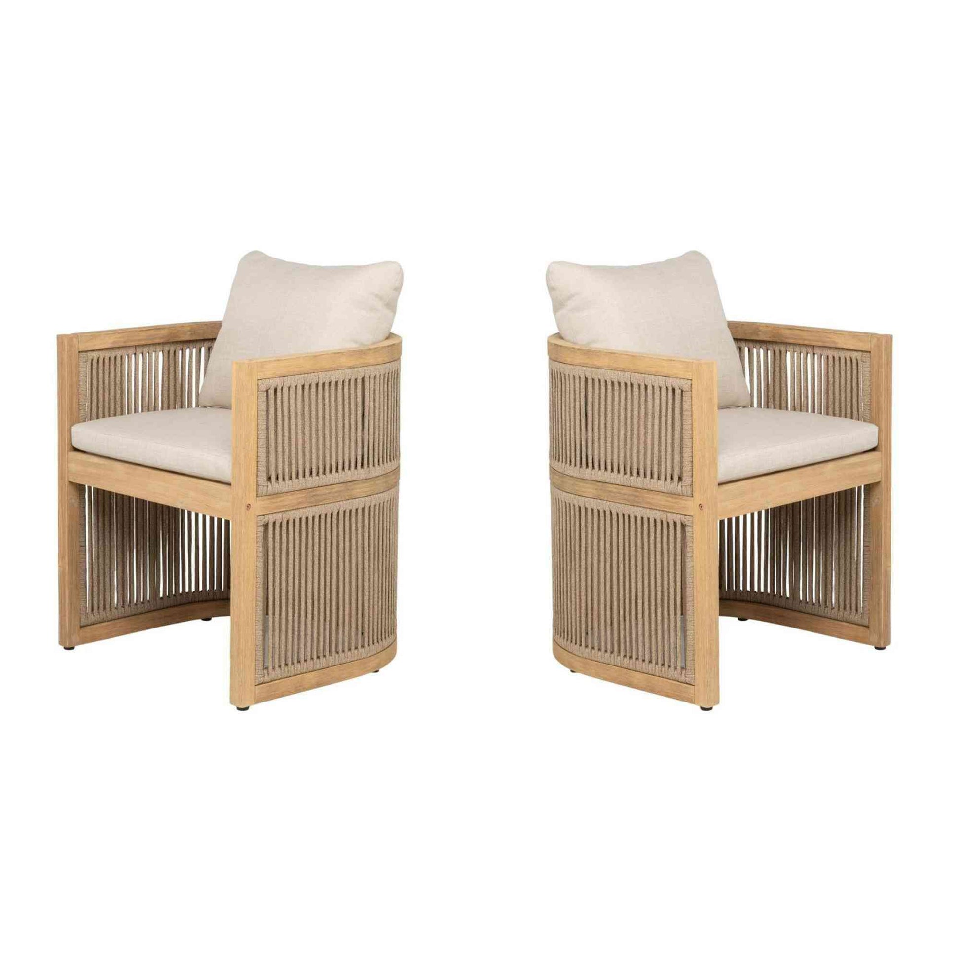 Panama Jack outdoor barrel dining armchairs made with Acacia wood for a natural wood finish with cushions set of 2