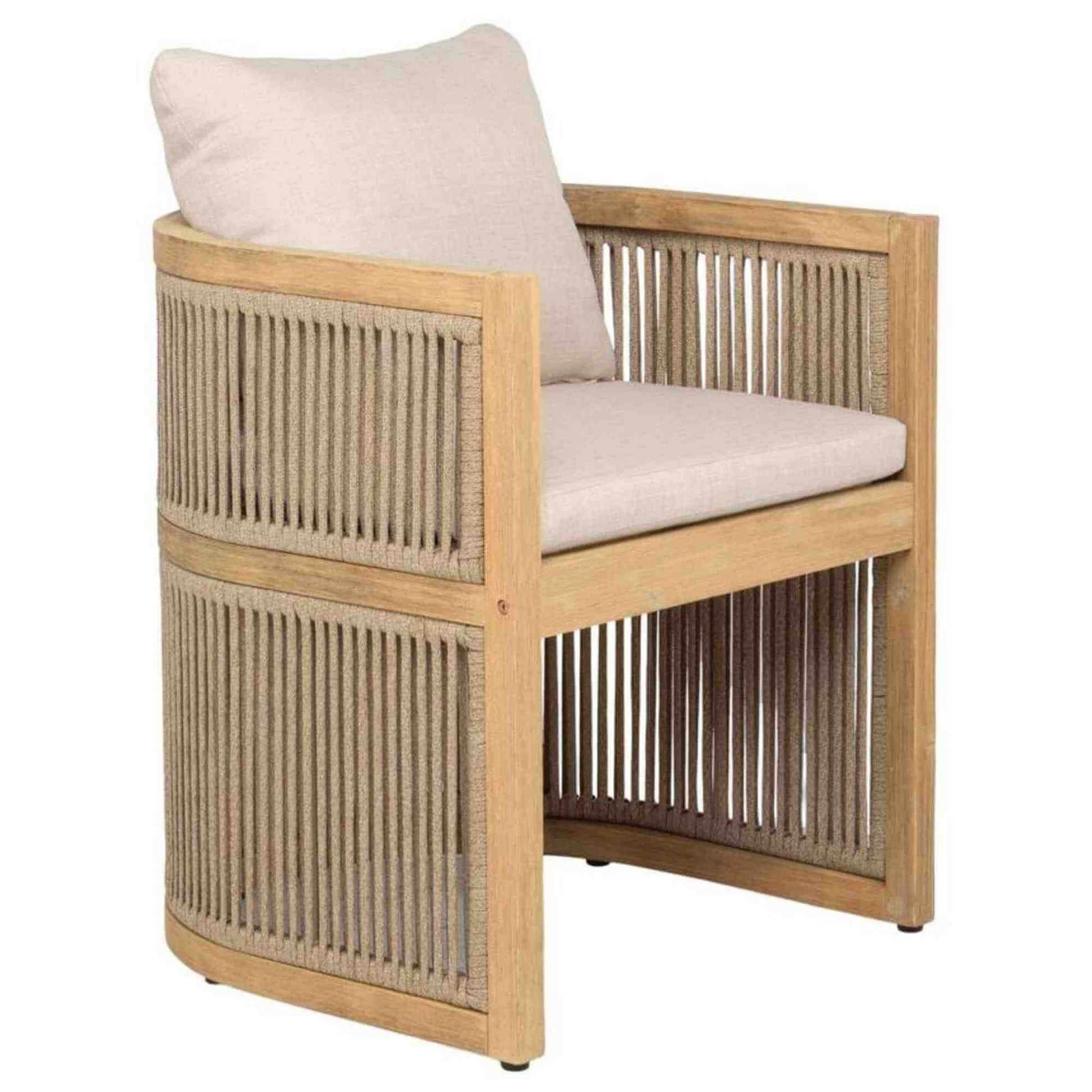 Panama Jack outdoor barrel dining armchair made with Acacia wood for a natural wood finish with cushions