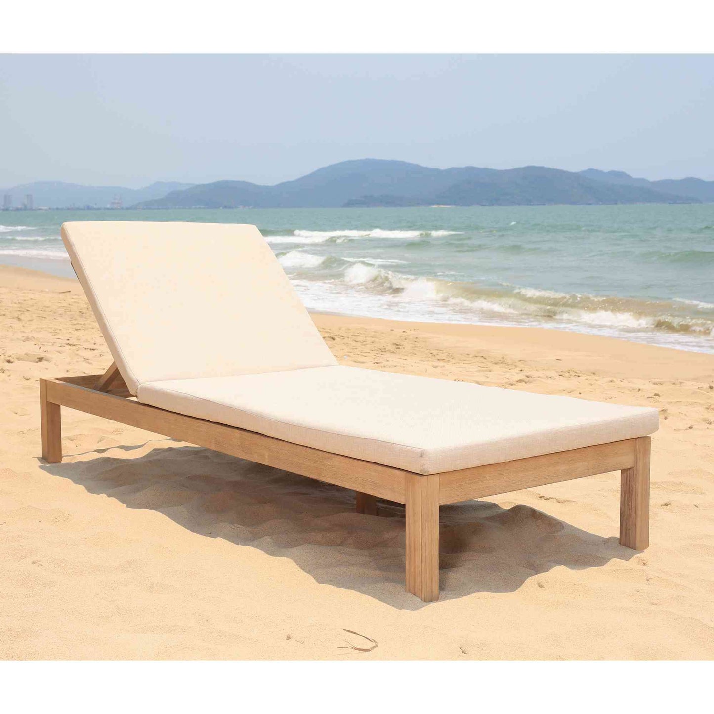 Panama Jack outdoor chaise lounge made with Acacia wood for a natural wood finish and adjustable backrest