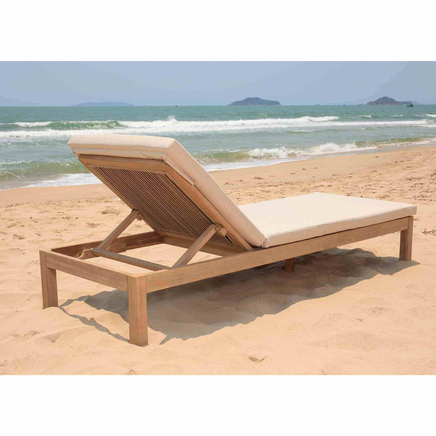 Panama Jack outdoor chaise lounge made with Acacia wood for a natural wood finish and adjustable backrest