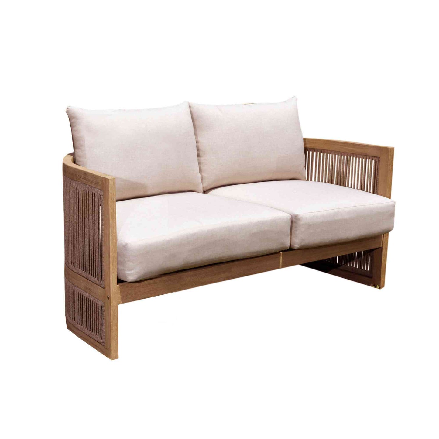 Panama Jack outdoor loveseat made with Acacia wood for a natural wood finish with outdoor cushions