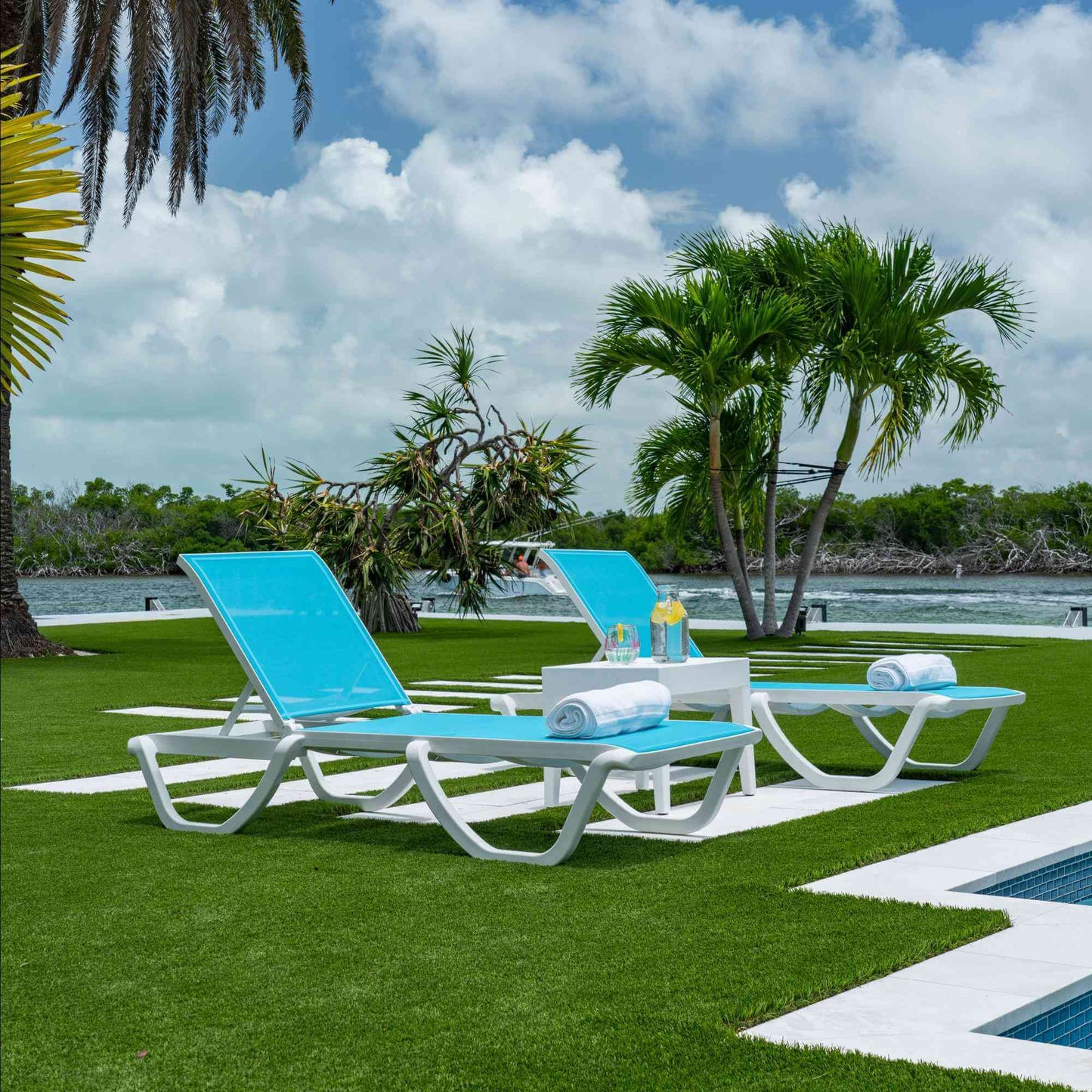 Panama Jack 3-piece outdoor chaise loungers set that are stackable with an adjustable back rest