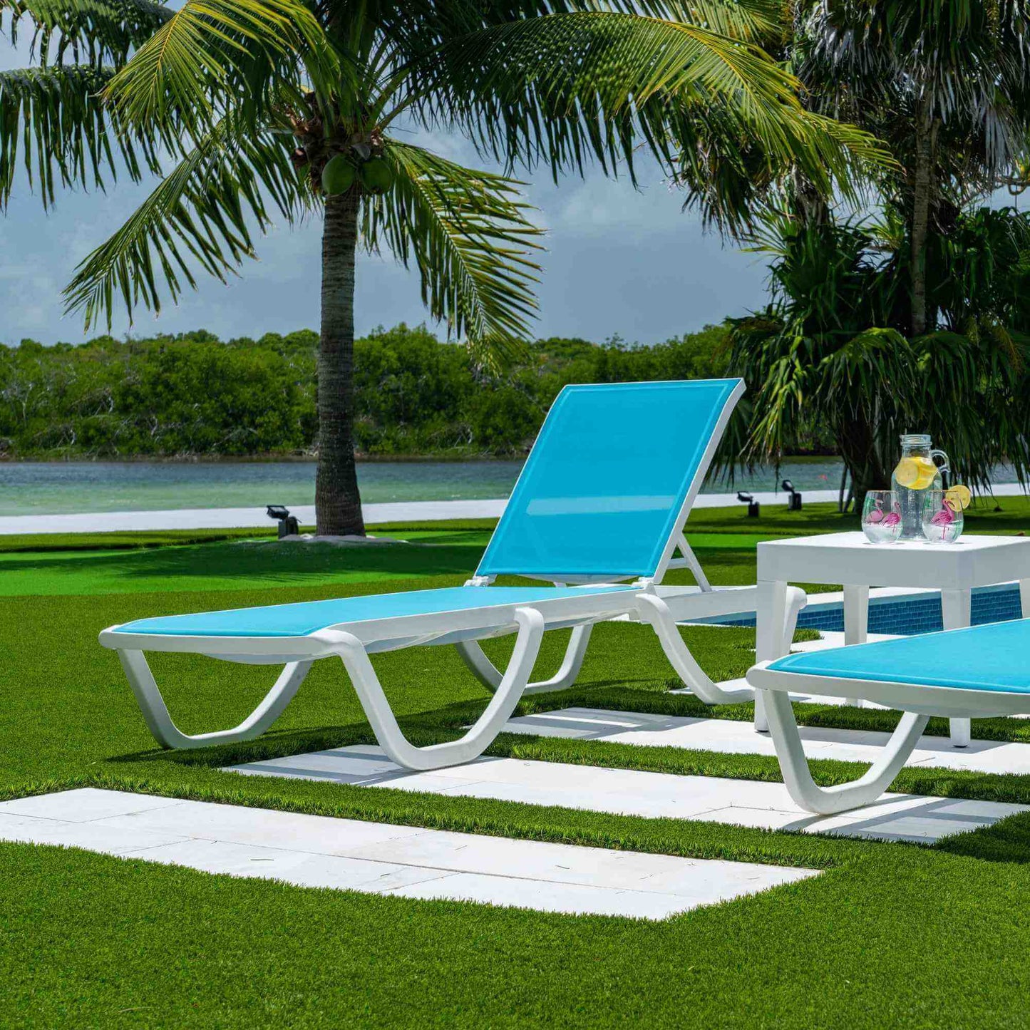 Panama Jack 3-piece outdoor chaise loungers set that are stackable with an adjustable back rest