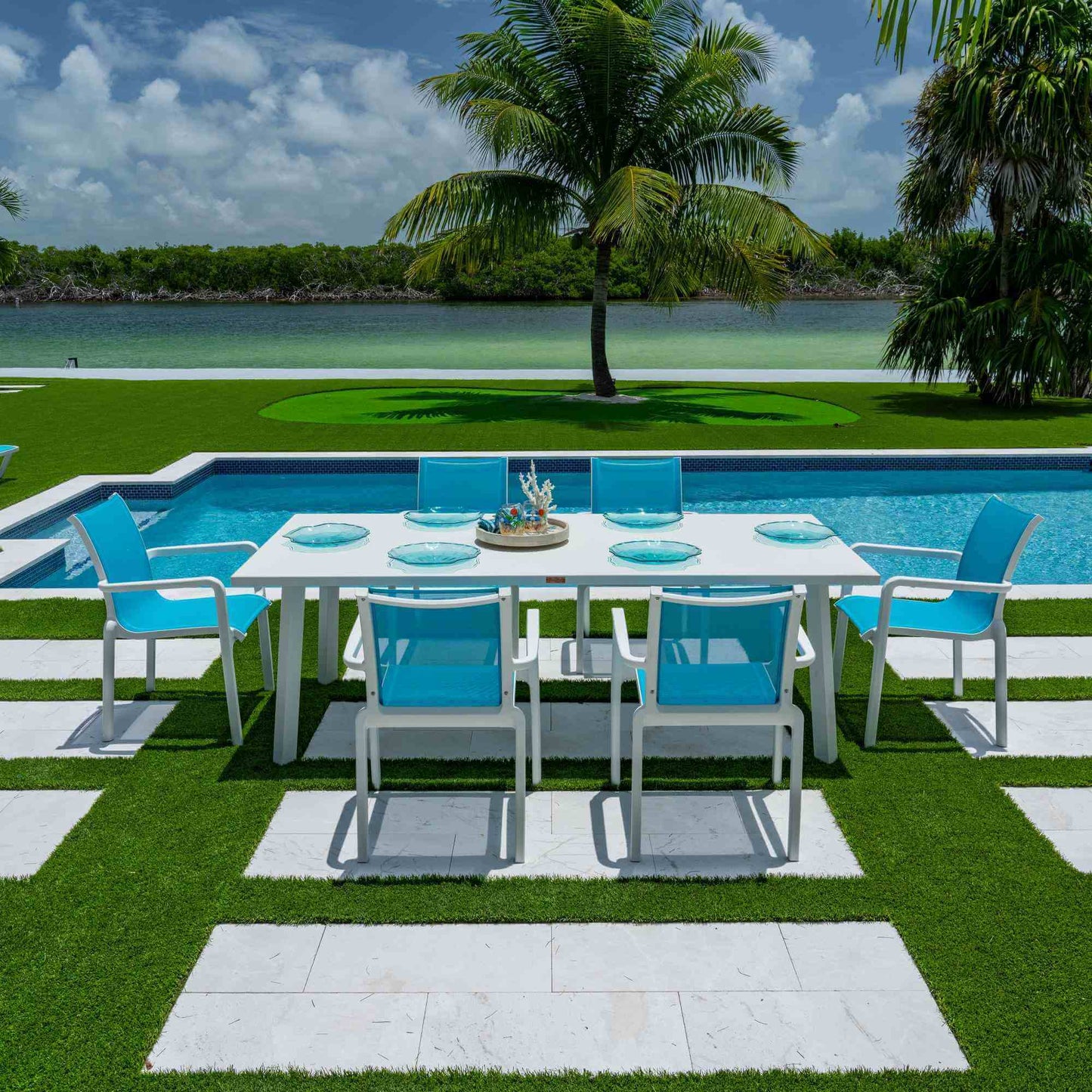 Panama Jack 7-piece outdoor dining set with stackable chairs and glass top included