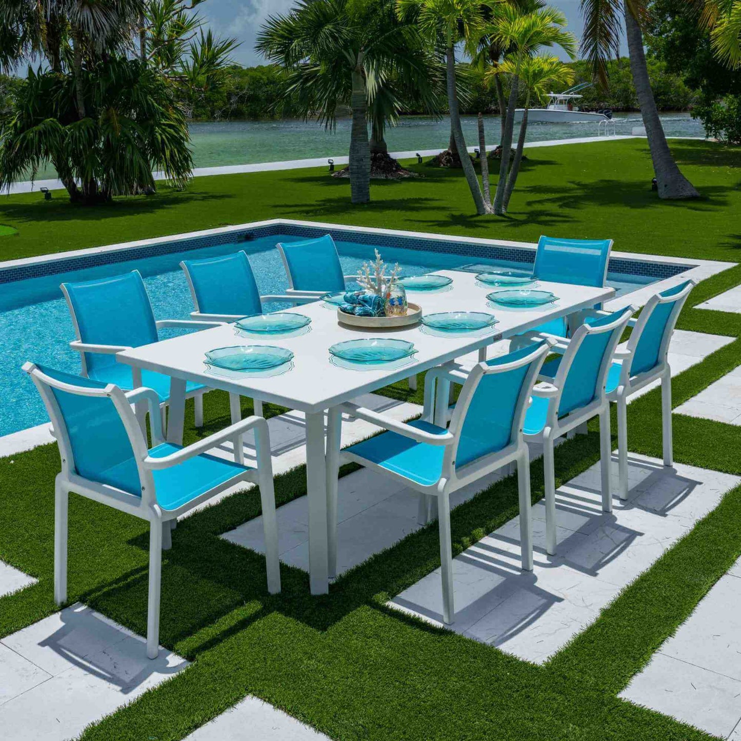 Panama Jack 9-piece outdoor dining set with stackable chairs and glass top included
