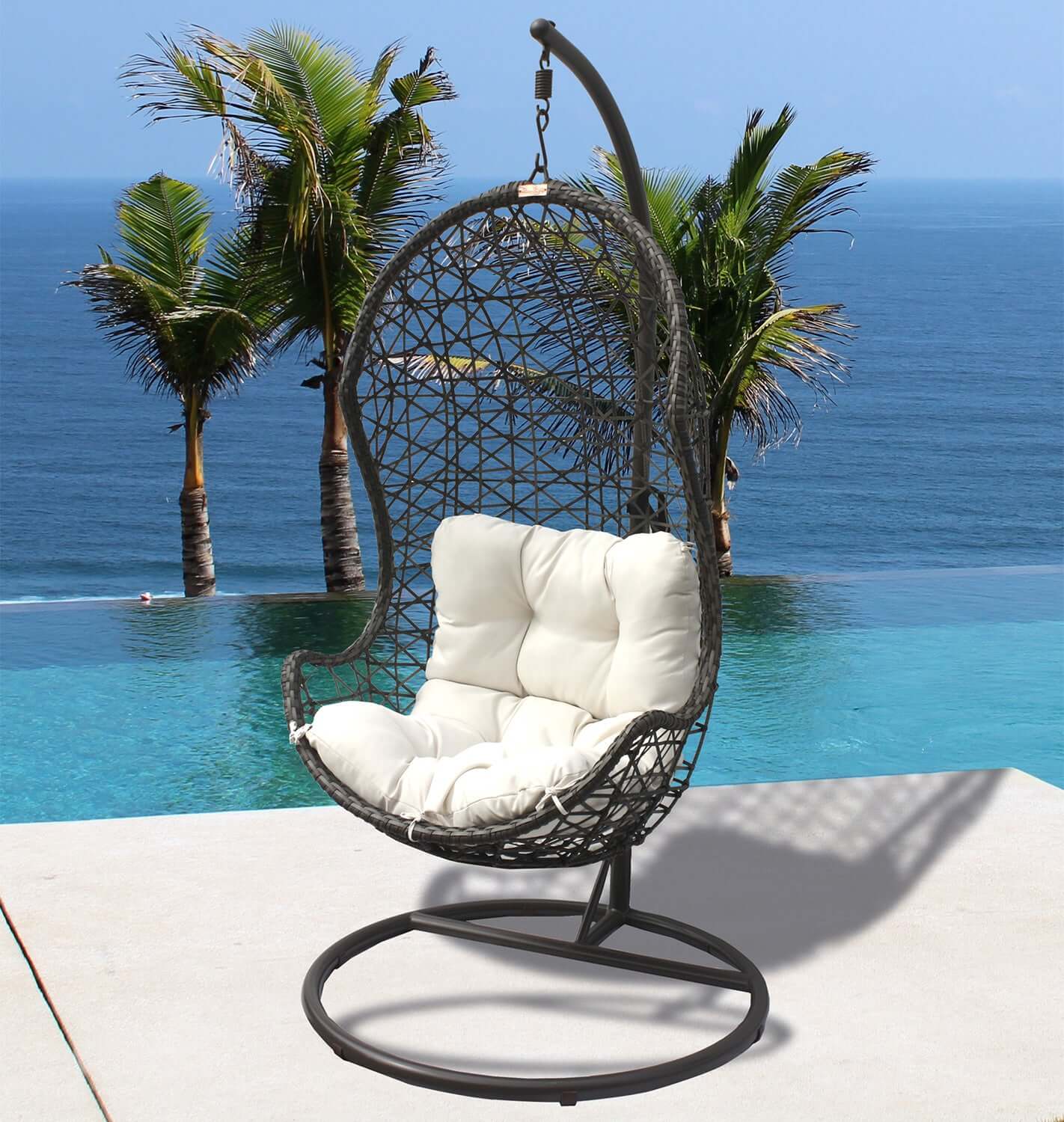Panama Jack outdoor hanging chair with metal stand and cushions