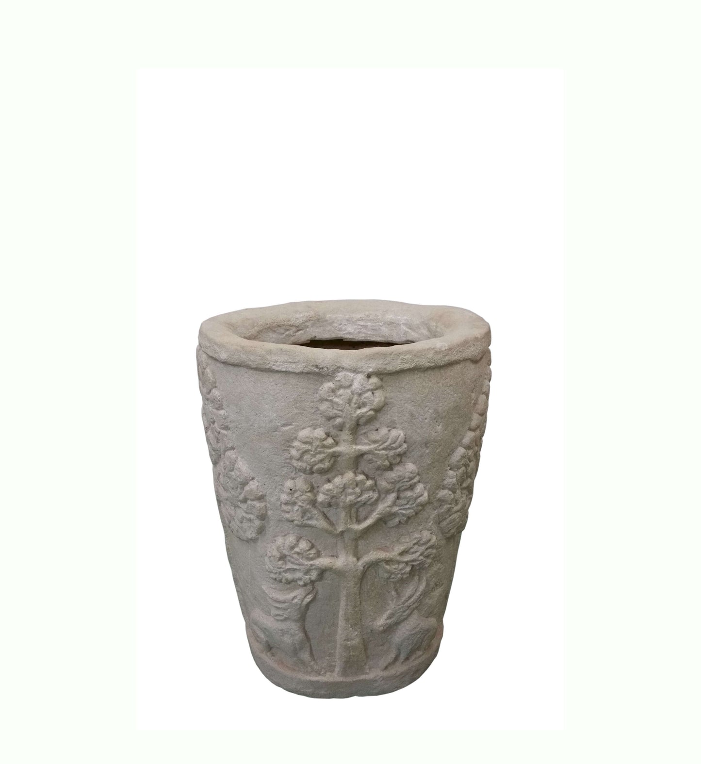 Cast limestone round planter with drainage hole