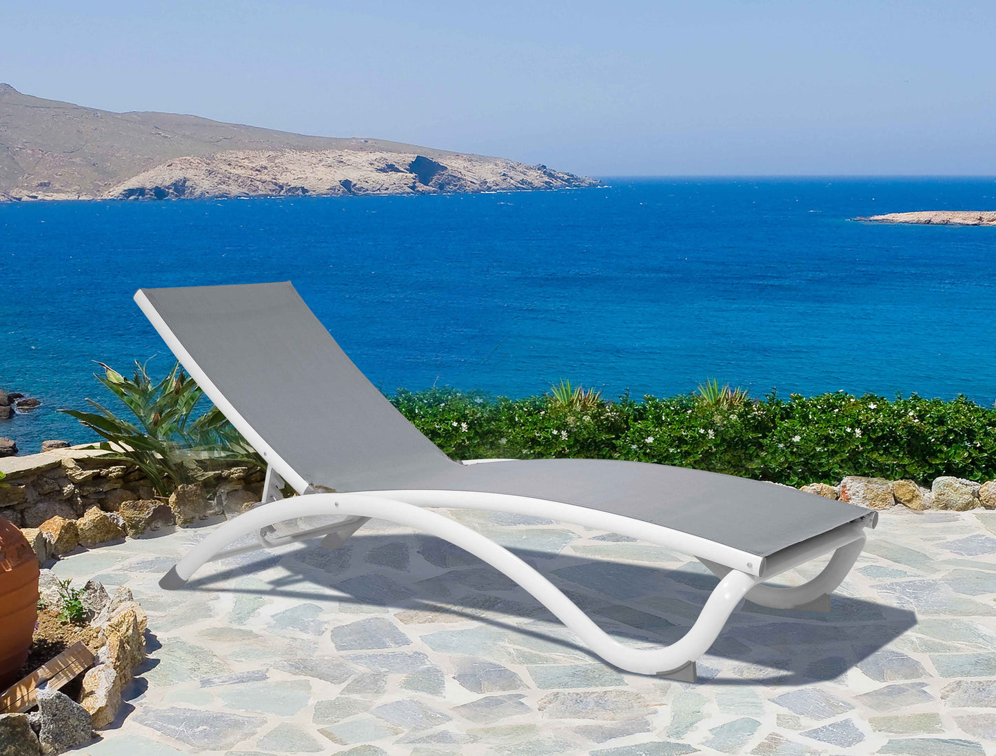 Grey durable sling material chaise lounge chair featuring a white extruded aluminum frame