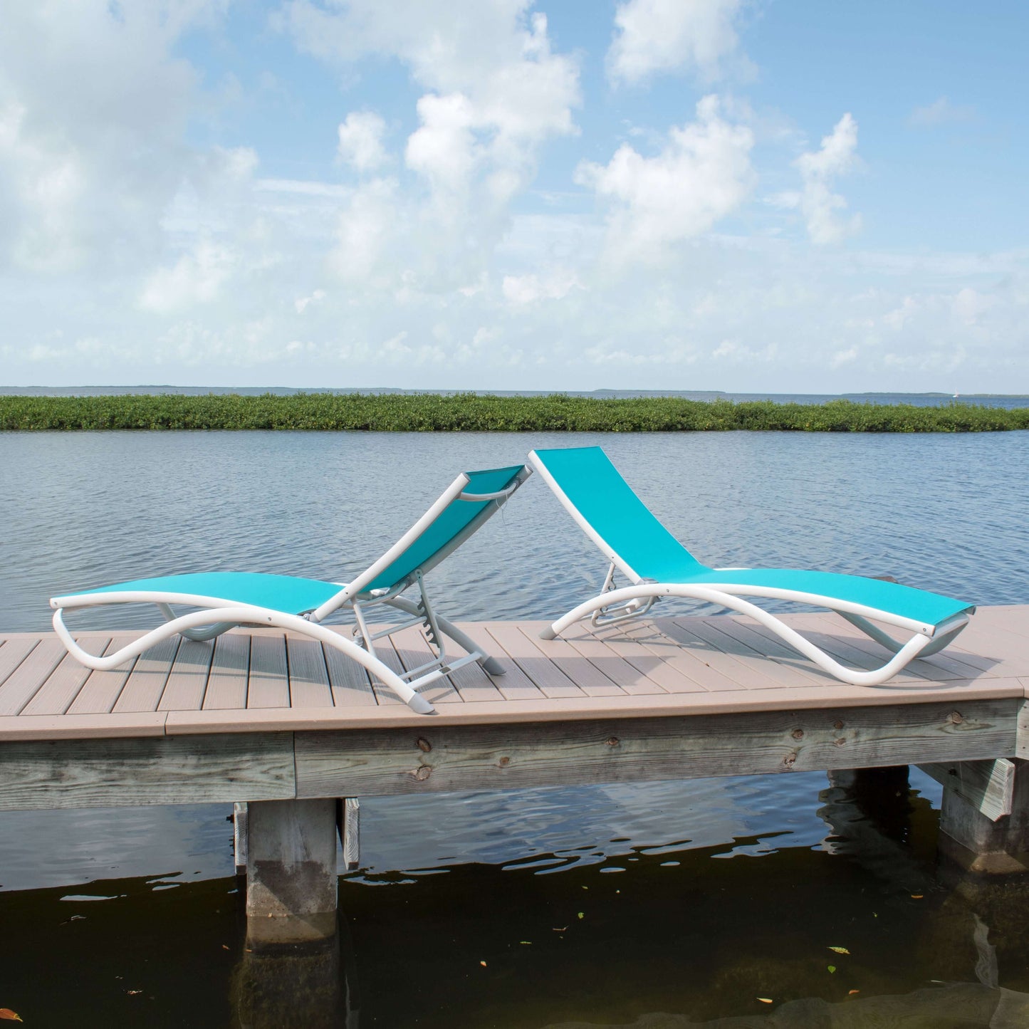 Teal durable sling material chaise lounge chair set of 2 featuring a white extruded aluminum frame