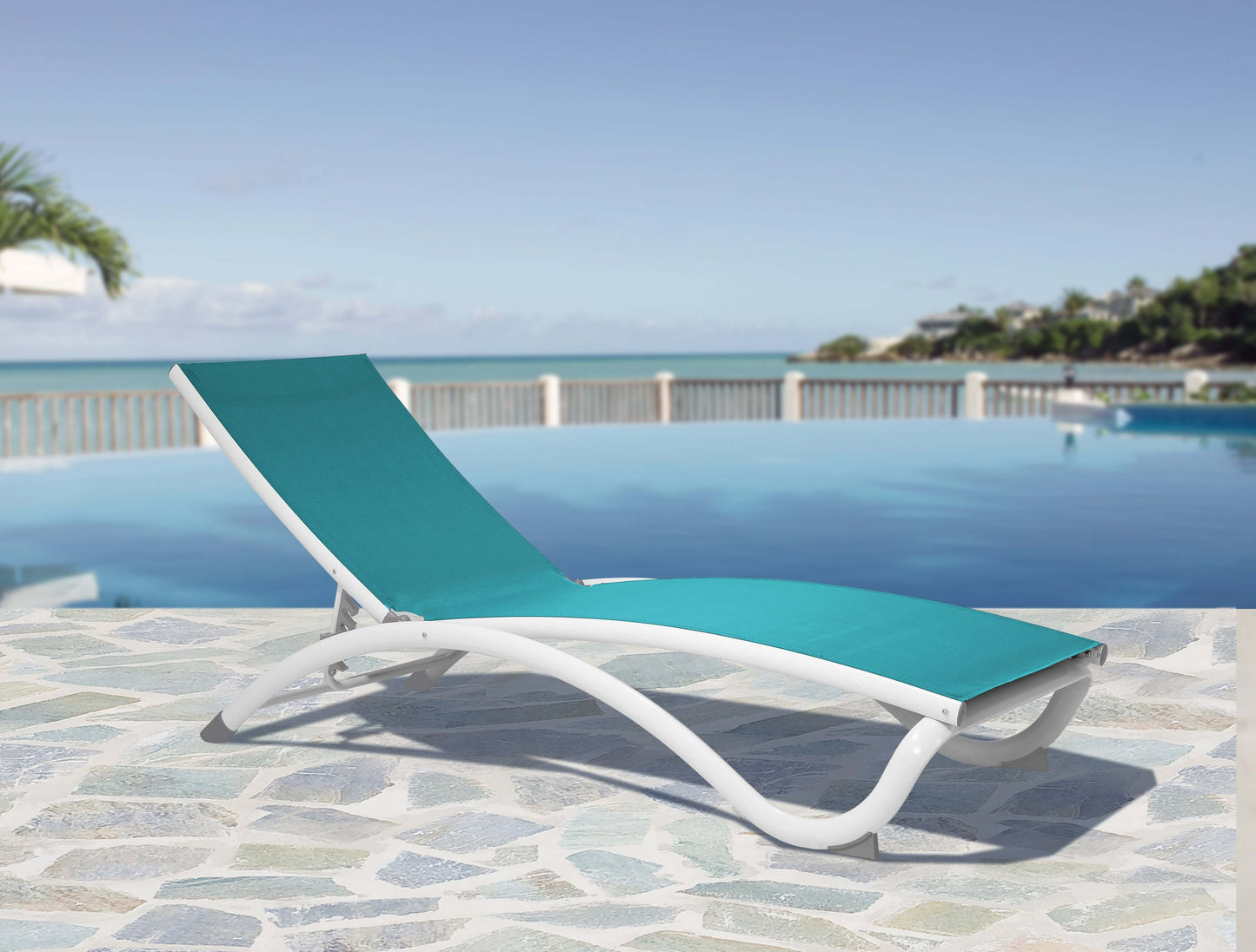 Teal durable sling material chaise lounge chair featuring a white extruded aluminum frame