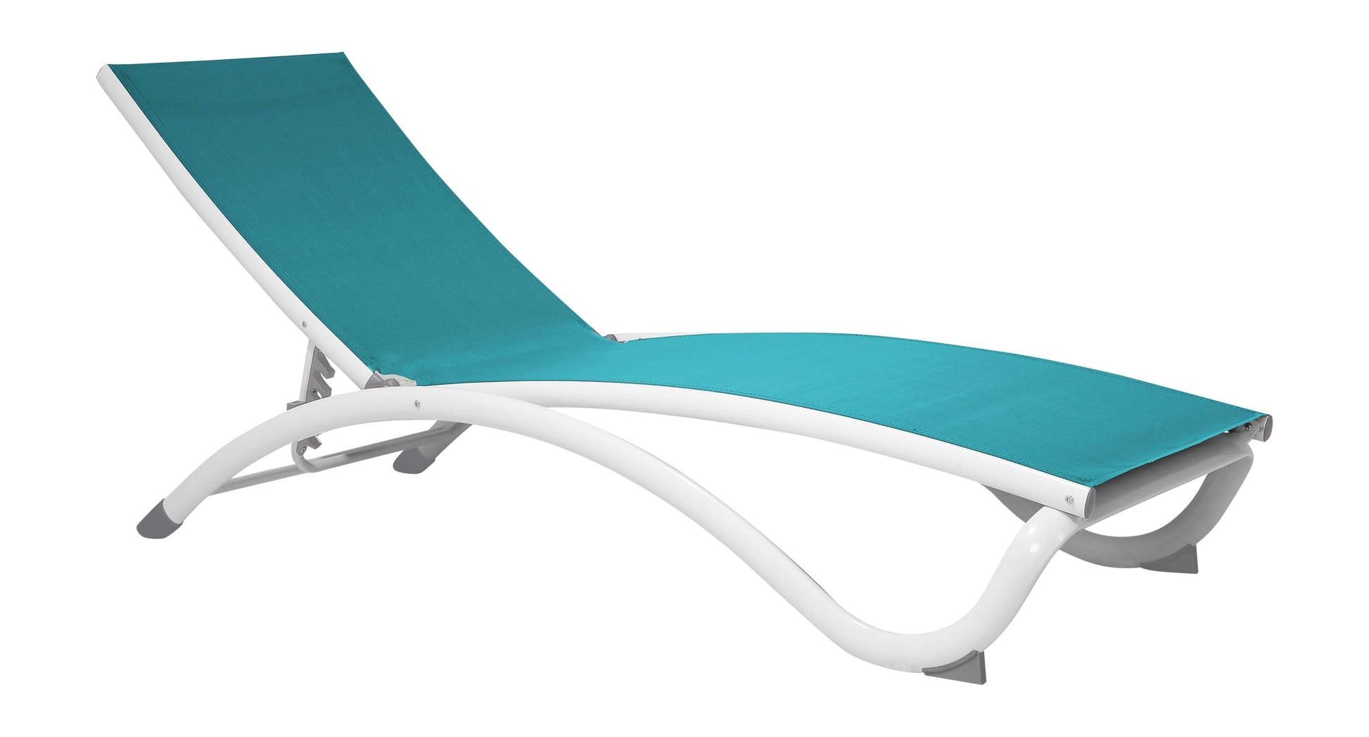 Teal durable sling material chaise lounge chair featuring a white extruded aluminum frame