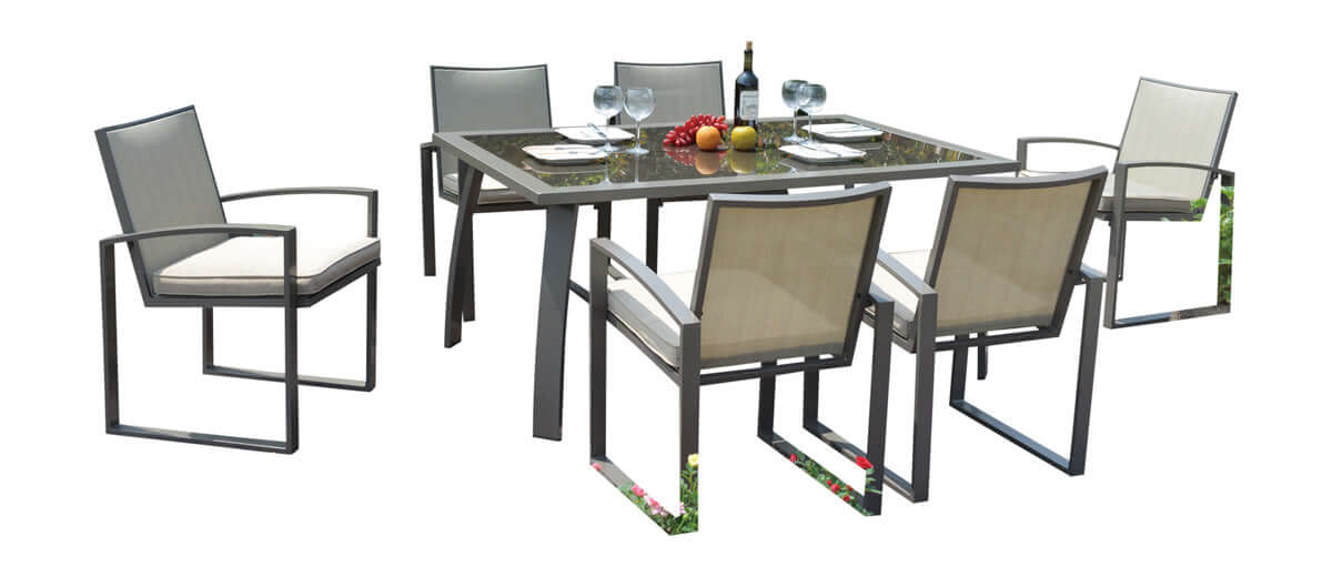7-piece outdoor dining set made with powder-coated aluminum frames