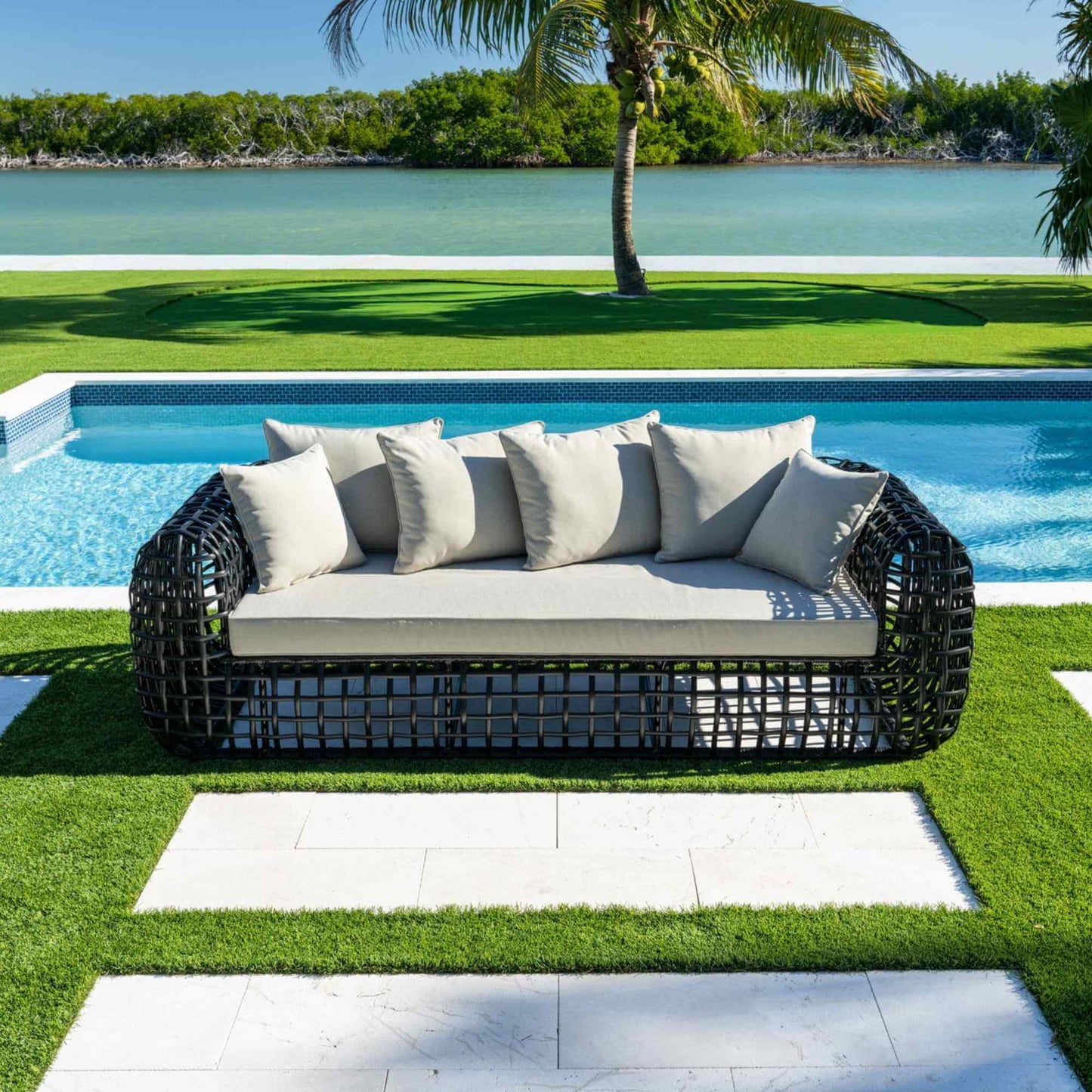 Black synthetic wicker outdoor sofa