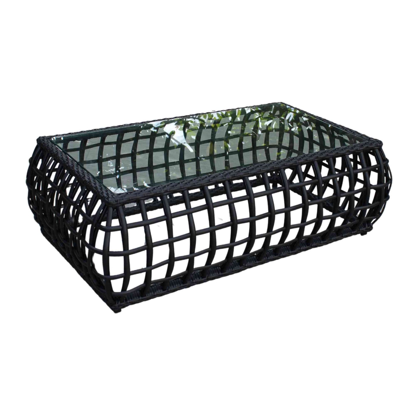 Black synthetic wicker outdoor rectangular coffee table with a tempered glass top