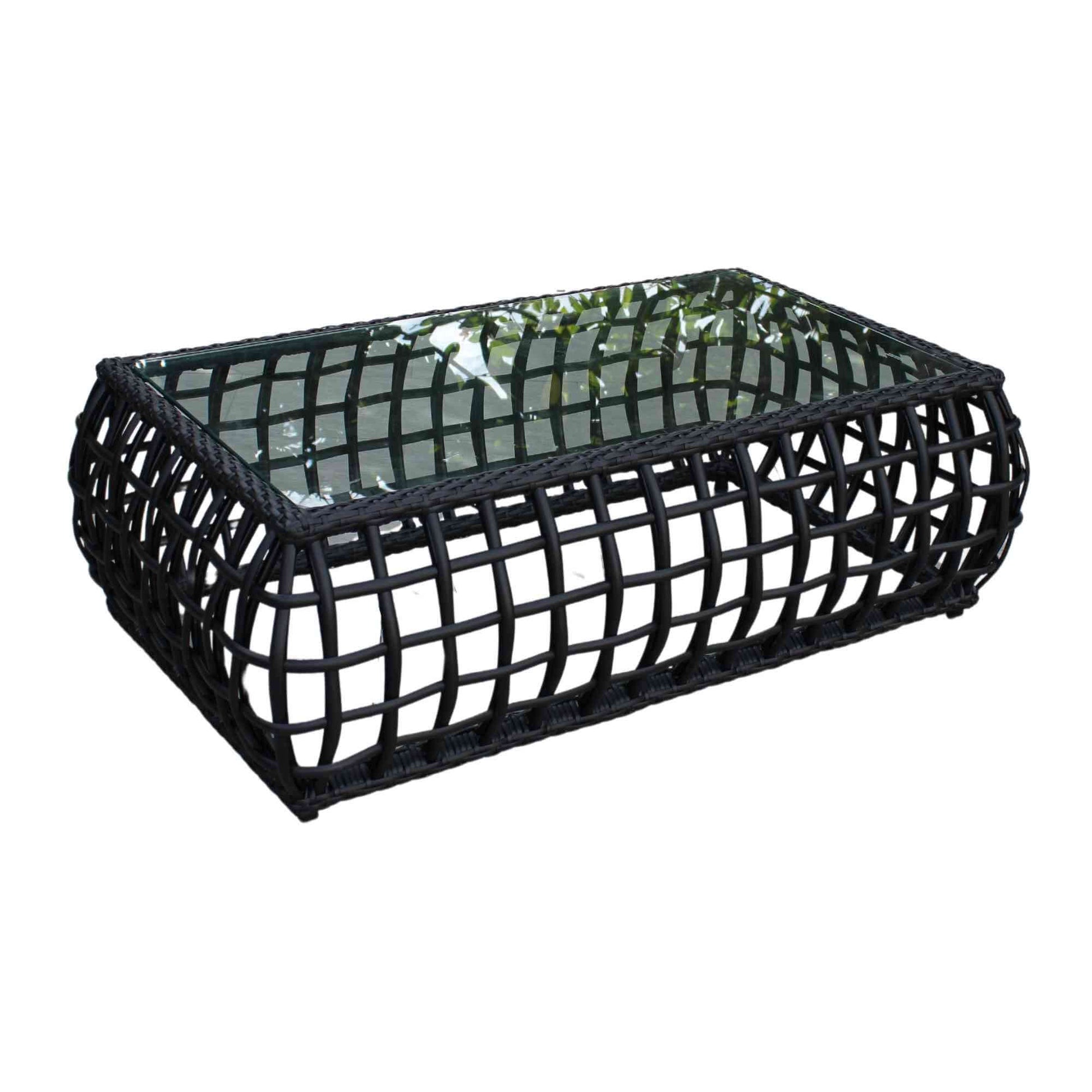 Black synthetic wicker outdoor rectangular coffee table with a tempered glass top