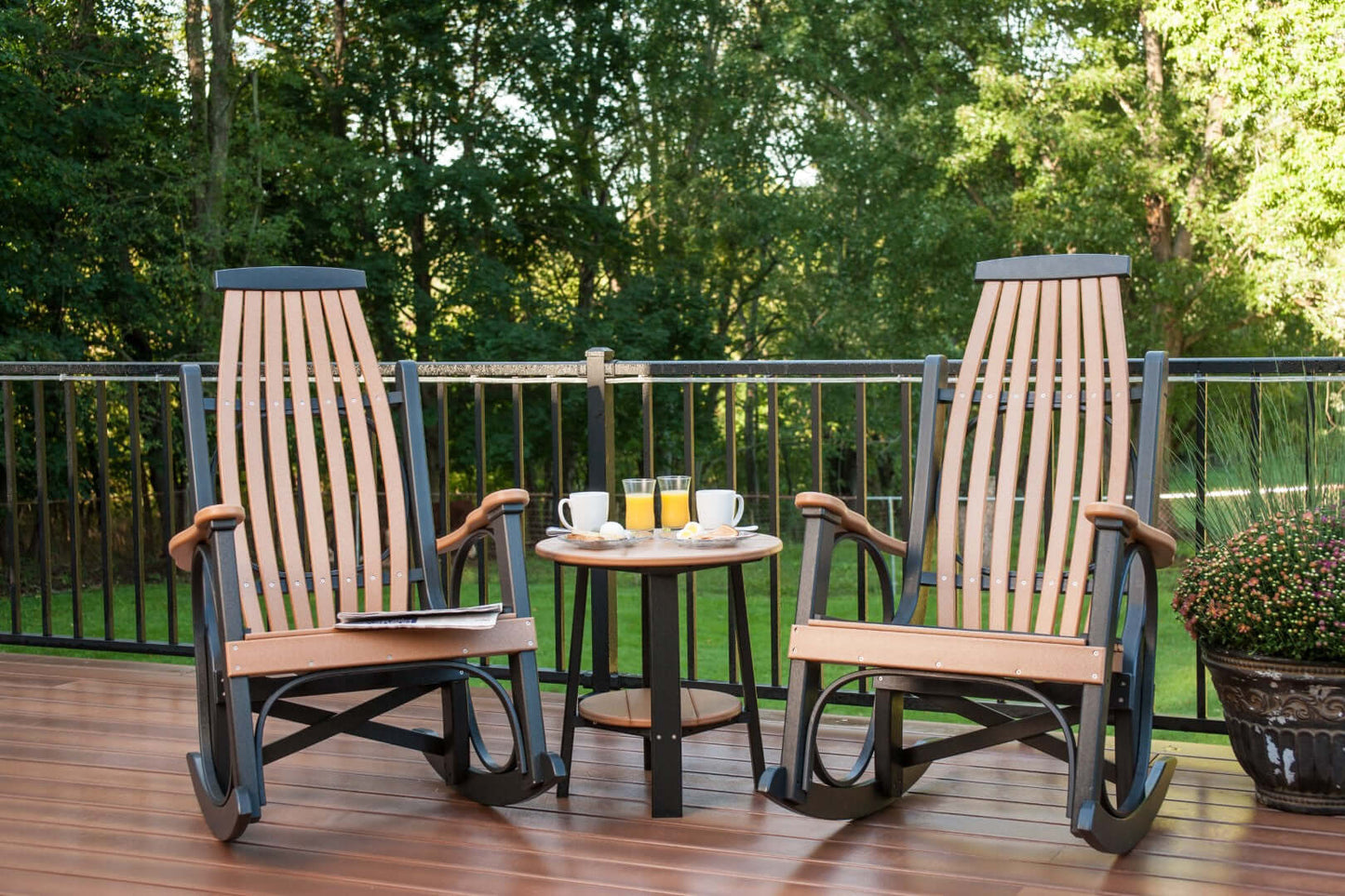 LuxCraft Grandpa's 3-piece Outdoor Rocking Chair set features 2 rocking chairs and 1 outdoor end table