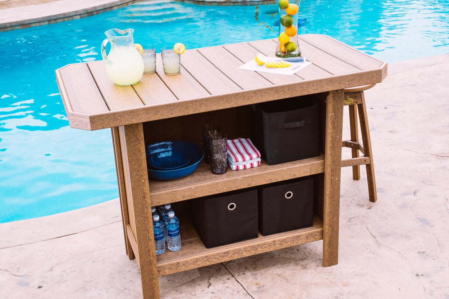 LuxCraft Outdoor Serving Bar 5-Piece Set includes 4 outdoor bar stools