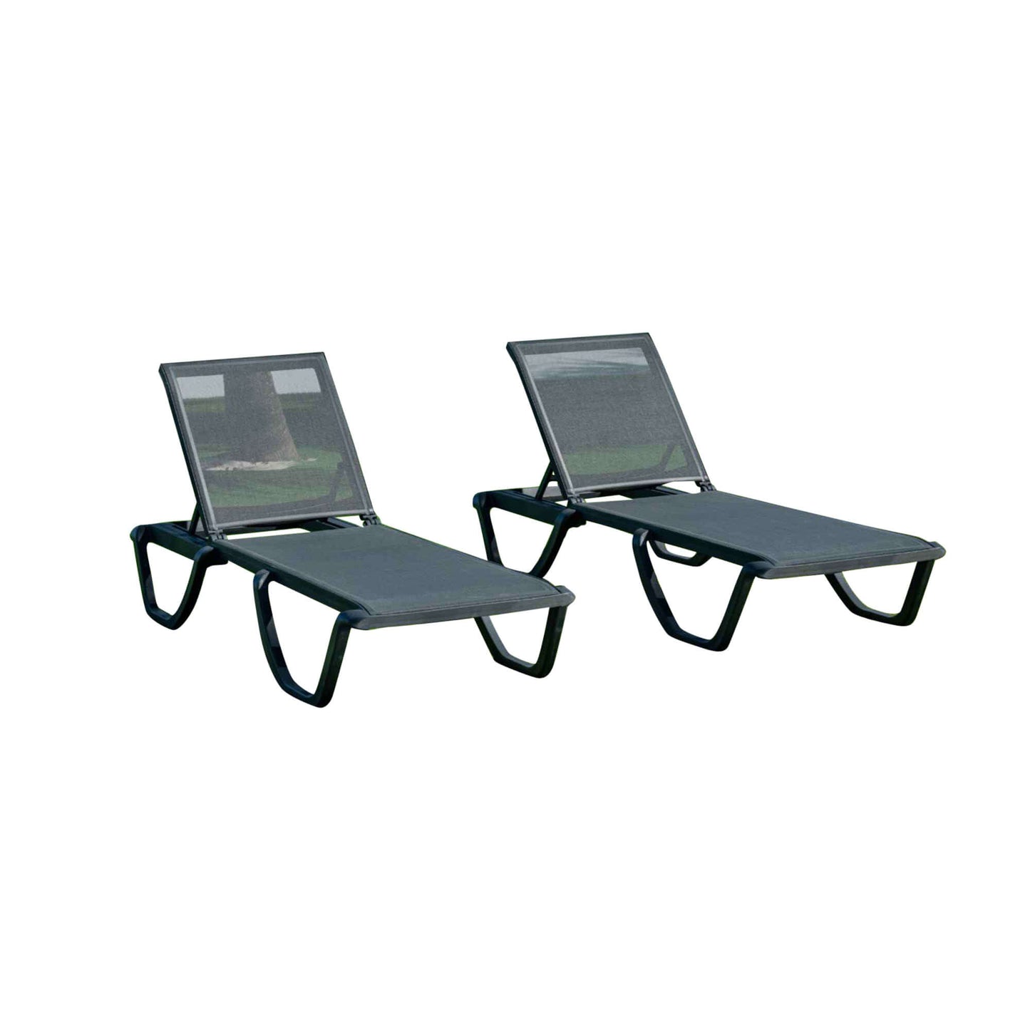 Black set of 2 outdoor sling chaise loungers that are commercial-grade quality for durability and heavy use