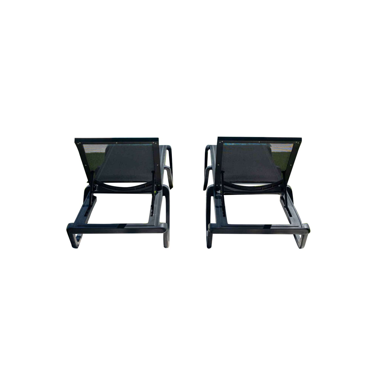 Black set of 2 outdoor sling chaise loungers that are commercial-grade quality for durability and heavy use
