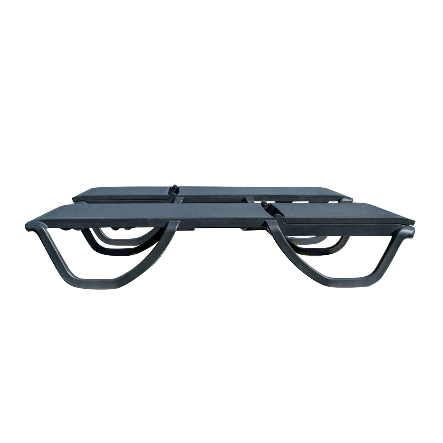 Black set of 2 outdoor sling chaise loungers that are commercial-grade quality for durability and heavy use