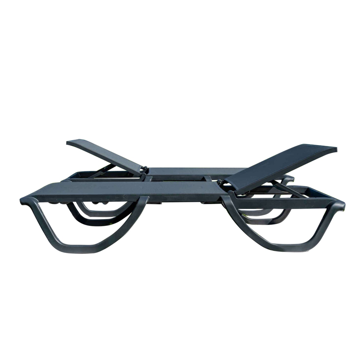 Black set of 2 outdoor sling chaise loungers that are commercial-grade quality for durability and heavy use