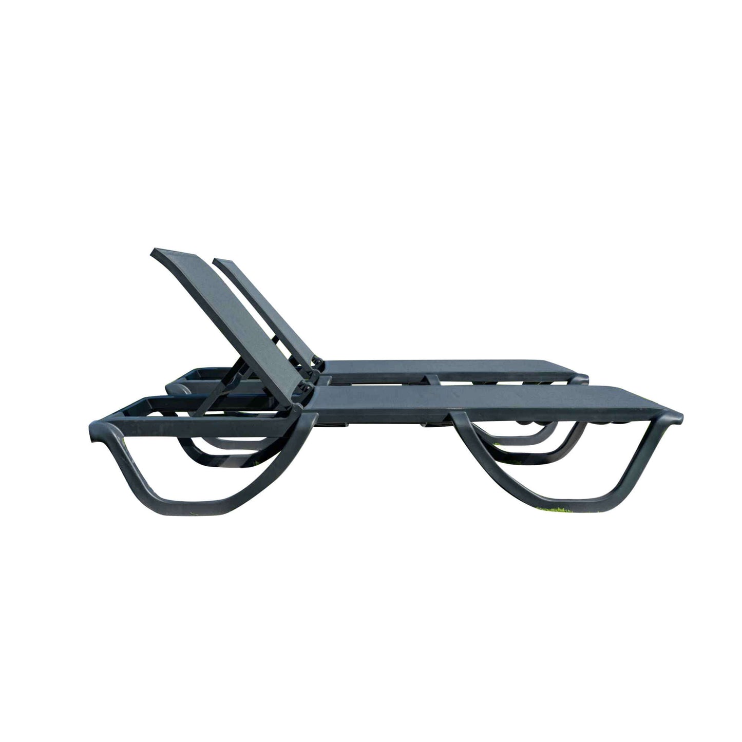 Black set of 2 outdoor sling chaise loungers that are commercial-grade quality for durability and heavy use