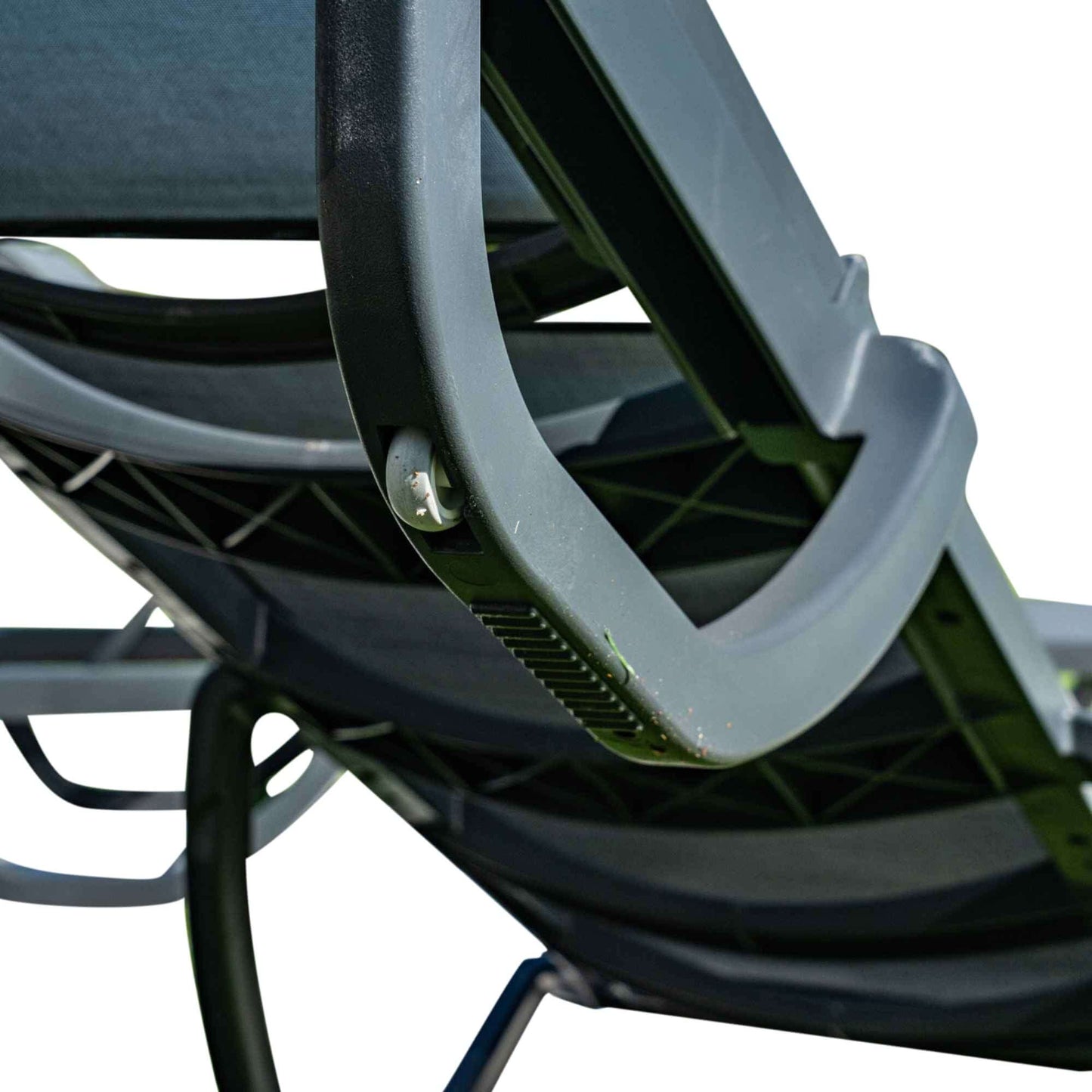 Black set of 2 outdoor sling chaise loungers that are commercial-grade quality for durability and heavy use