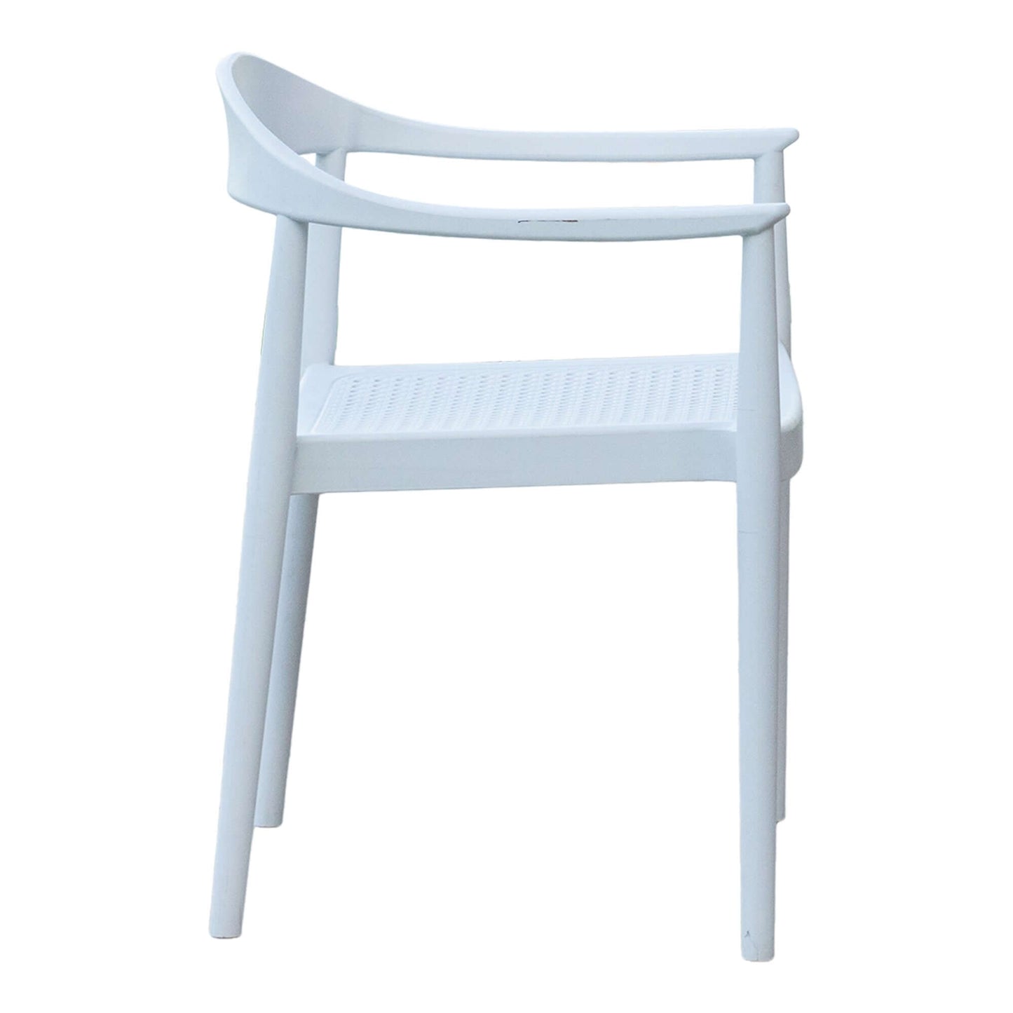White set of 2 outdoor stackable armchairs made of UV resistant resin complements any outdoor table
