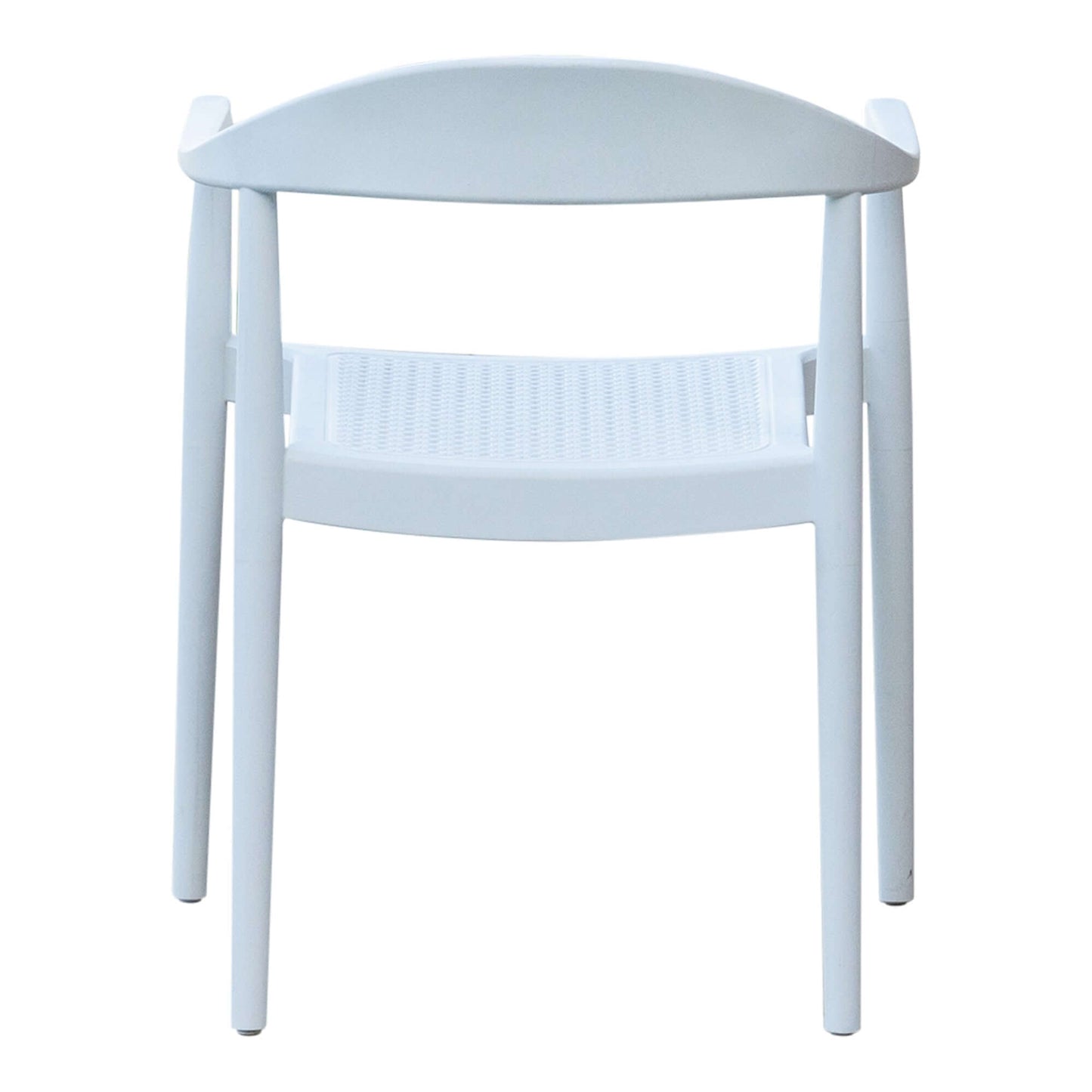 White set of 2 outdoor stackable armchairs made of UV resistant resin complements any outdoor table
