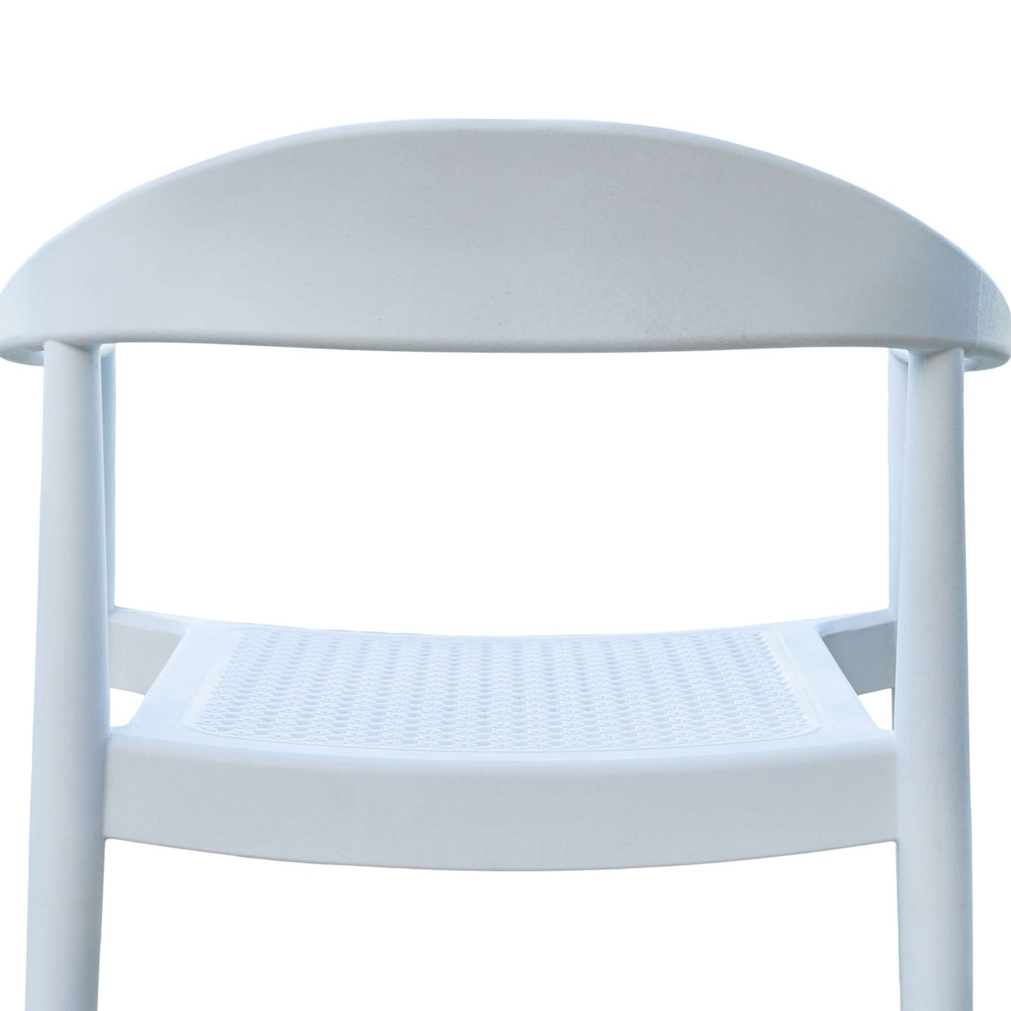 White set of 2 outdoor stackable armchairs made of UV resistant resin complements any outdoor table