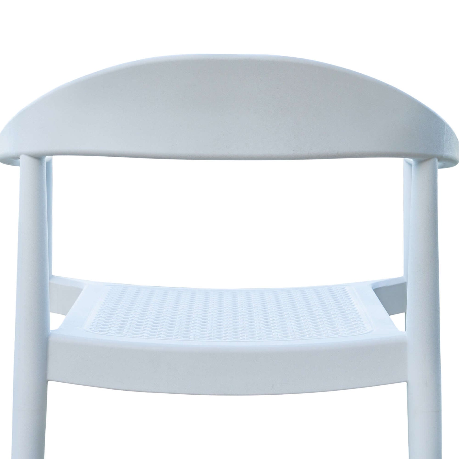 White set of 2 outdoor stackable armchairs made of UV resistant resin complements any outdoor table