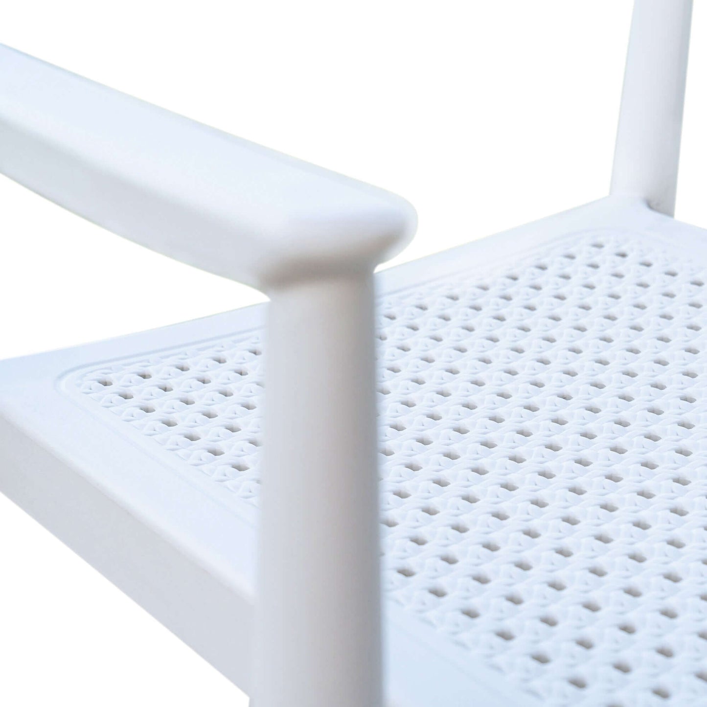 White set of 2 outdoor stackable armchairs made of UV resistant resin complements any outdoor table
