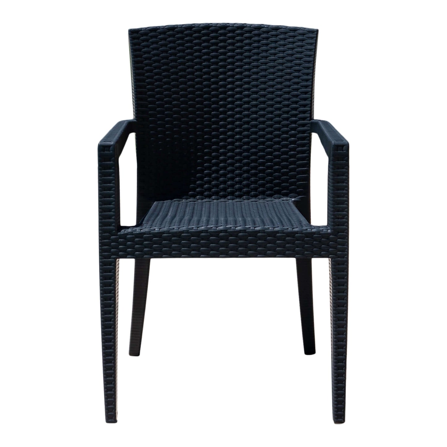 Black set of 2 outdoor stackable armchairs with modern design featuring flat wicker that's easy to clean