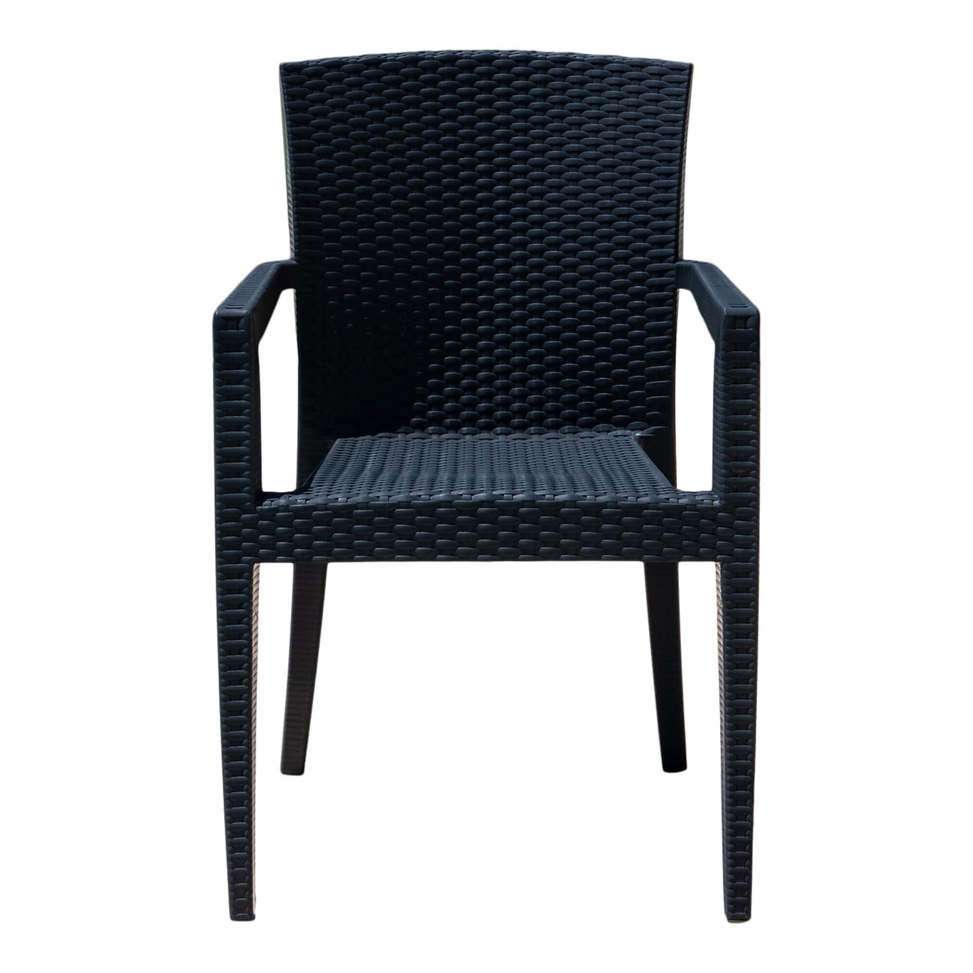 Black set of 2 outdoor stackable armchairs with modern design featuring flat wicker that's easy to clean