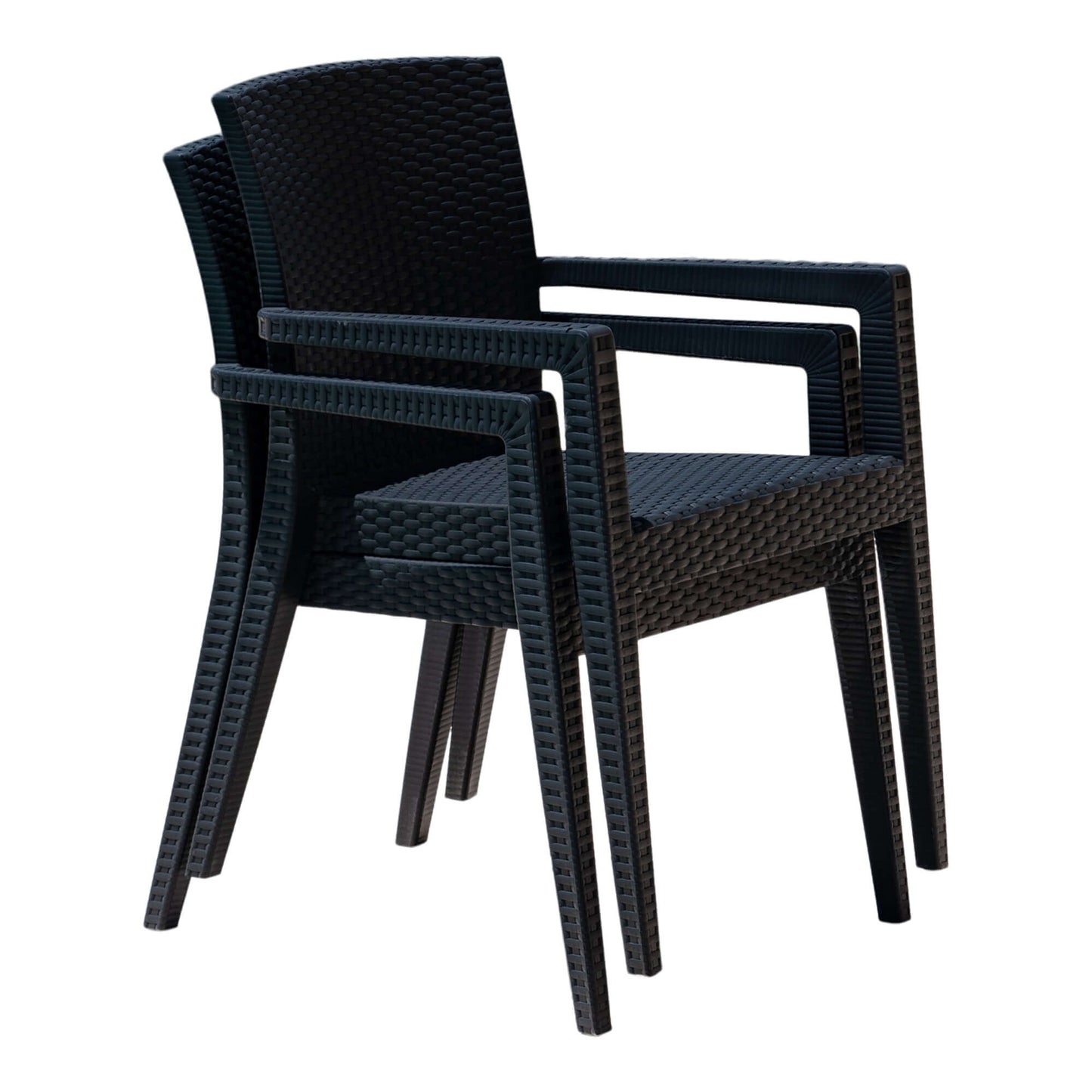 Black set of 2 outdoor stackable armchairs with modern design featuring flat wicker that's easy to clean