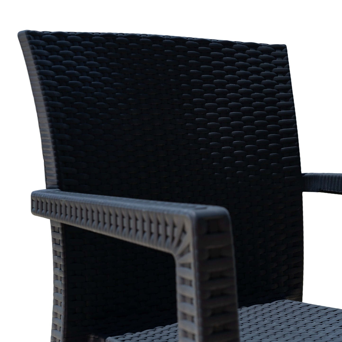 Black set of 2 outdoor stackable armchairs with modern design featuring flat wicker that's easy to clean