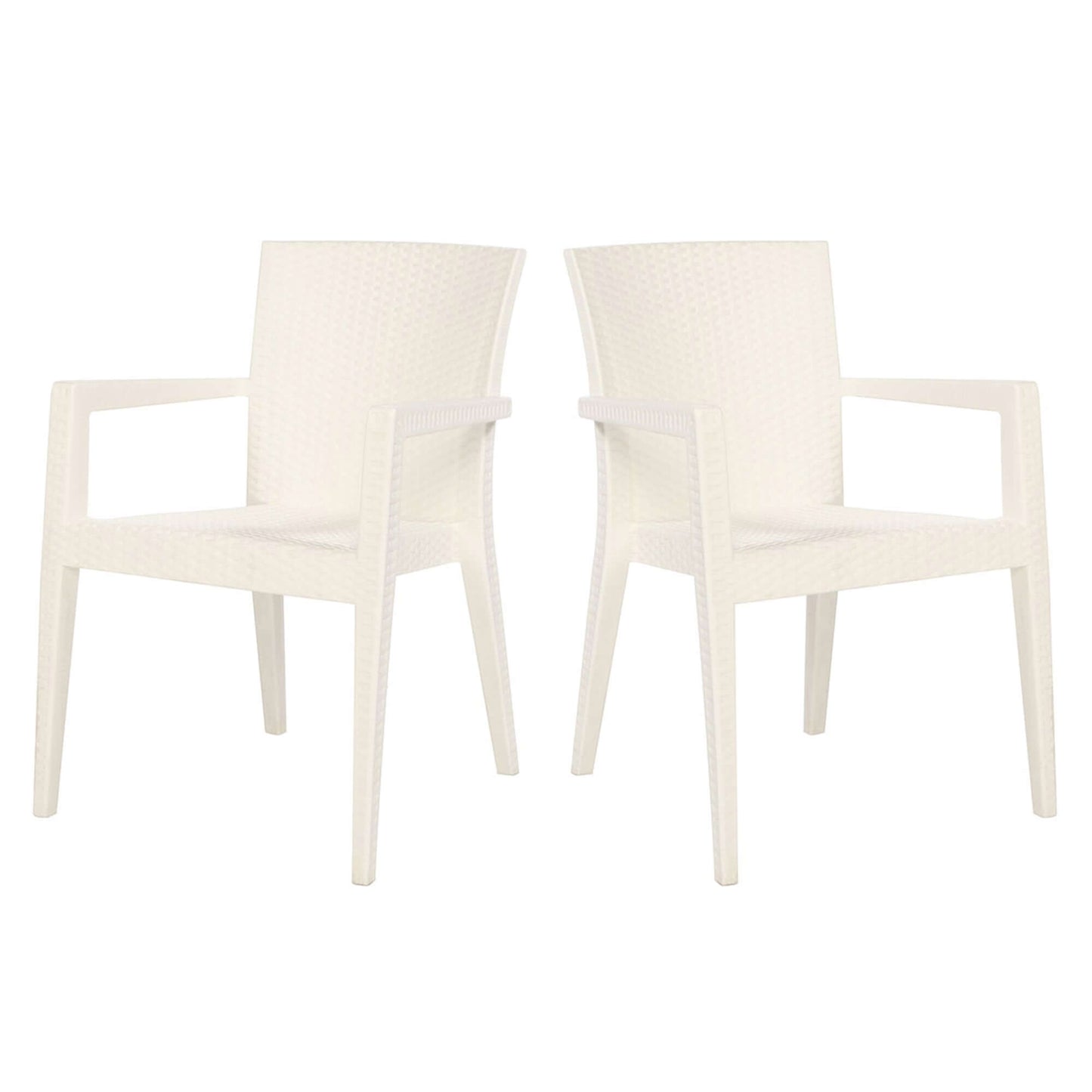 White set of 2 outdoor stackable armchairs with modern design featuring flat wicker that's easy to clean