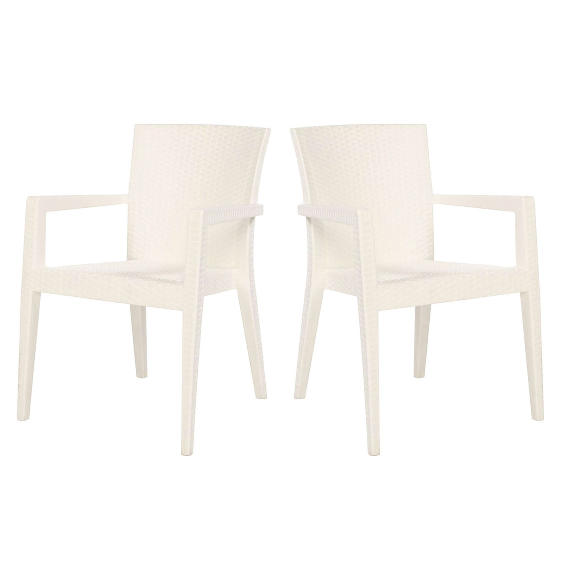 White set of 2 outdoor stackable armchairs with modern design featuring flat wicker that's easy to clean
