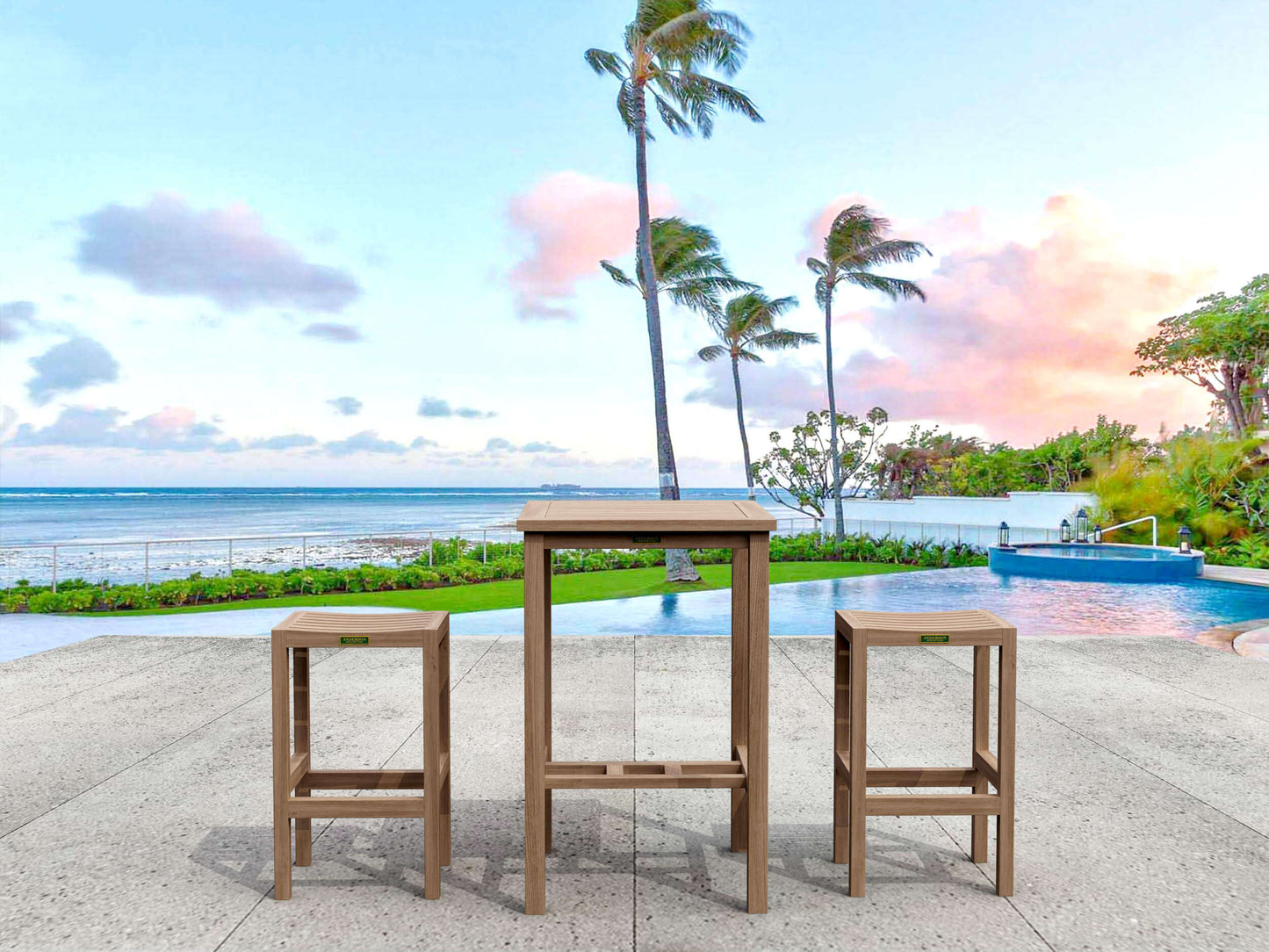 Anderson Teak 3-piece outdoor bar table set with comfortable backless bar chairs ideal for small gatherings