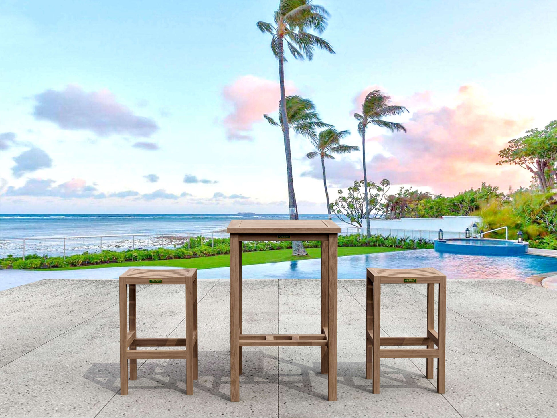 Anderson Teak 3-piece outdoor bar table set with comfortable backless bar chairs ideal for small gatherings
